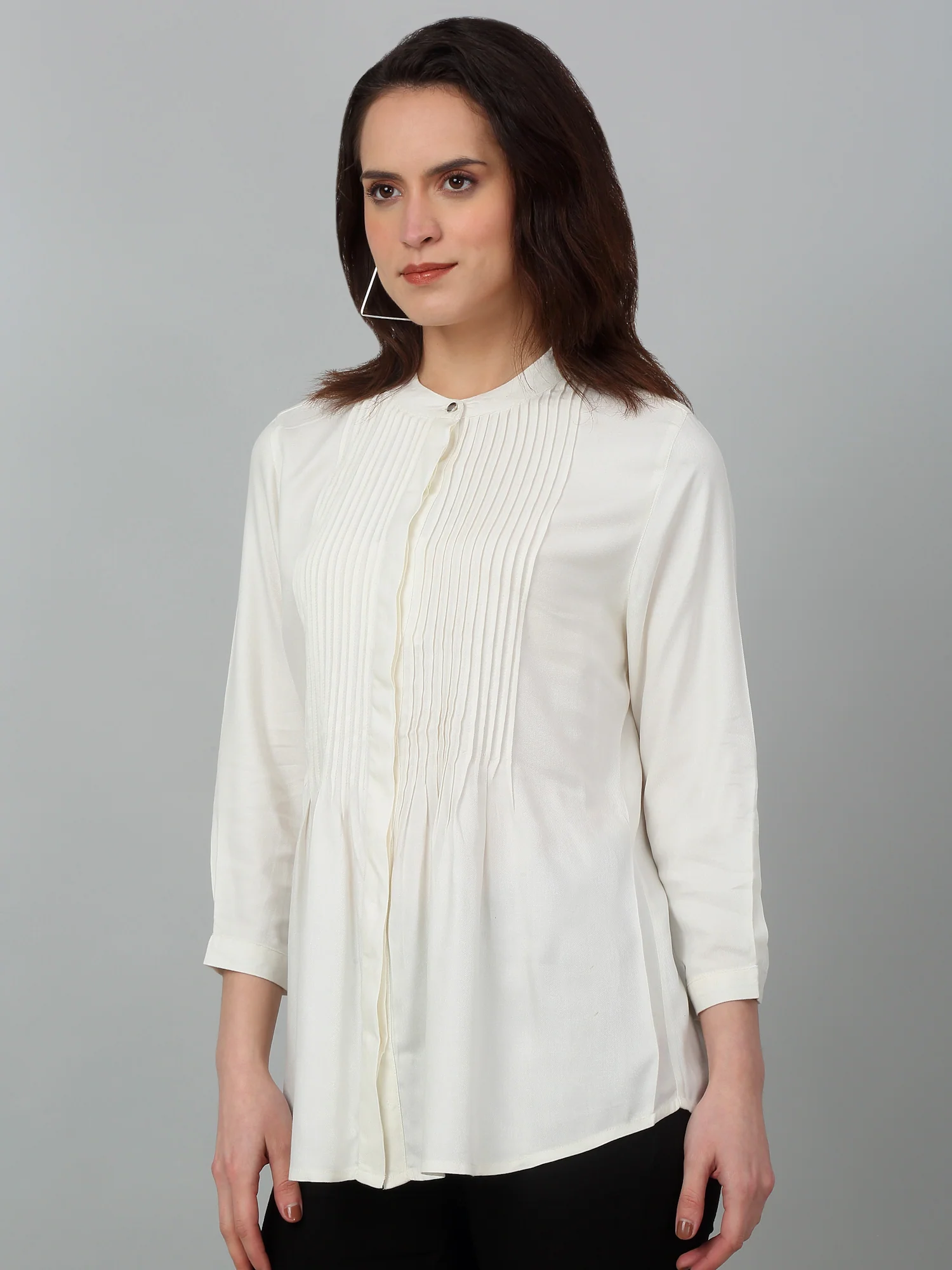 Women's Casual  Offwhite Solid Mandarin Collar Tunic - Image 2