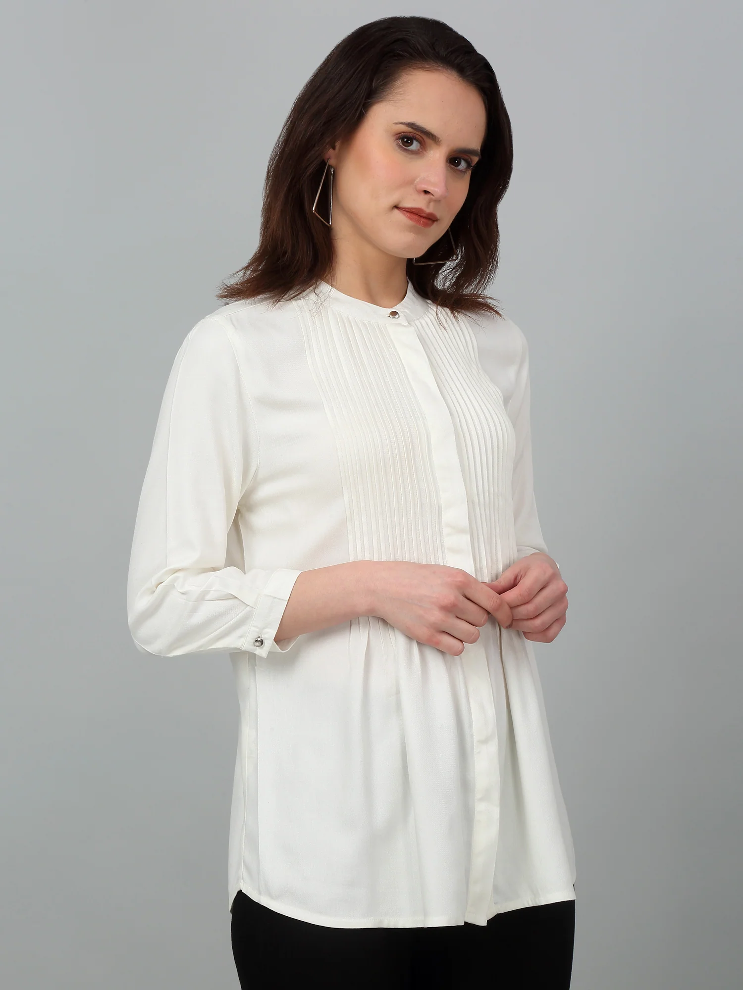 Women's Casual  Offwhite Solid Mandarin Collar Tunic - Image 3