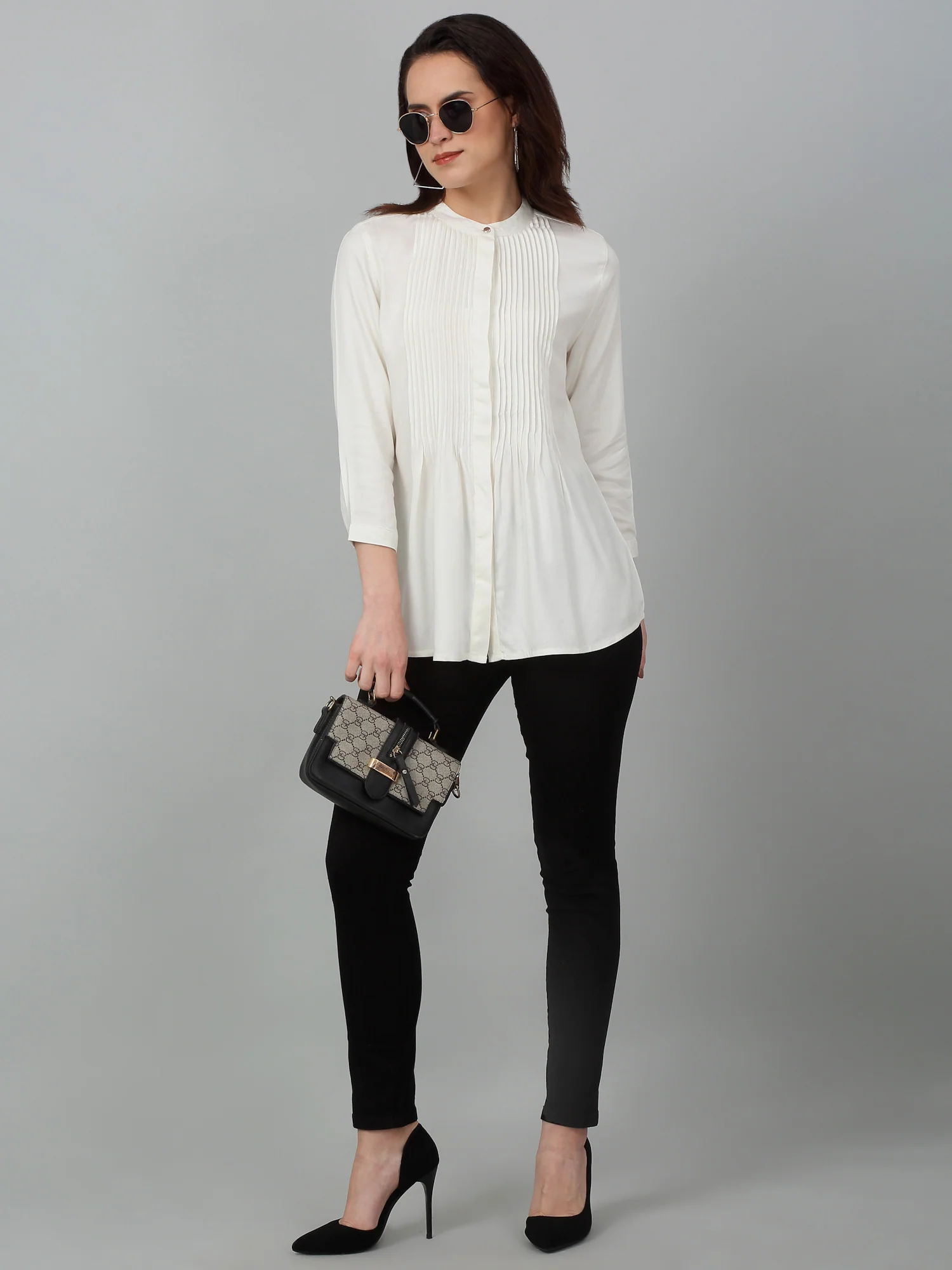 Women's Casual  Offwhite Solid Mandarin Collar Tunic - Image 6