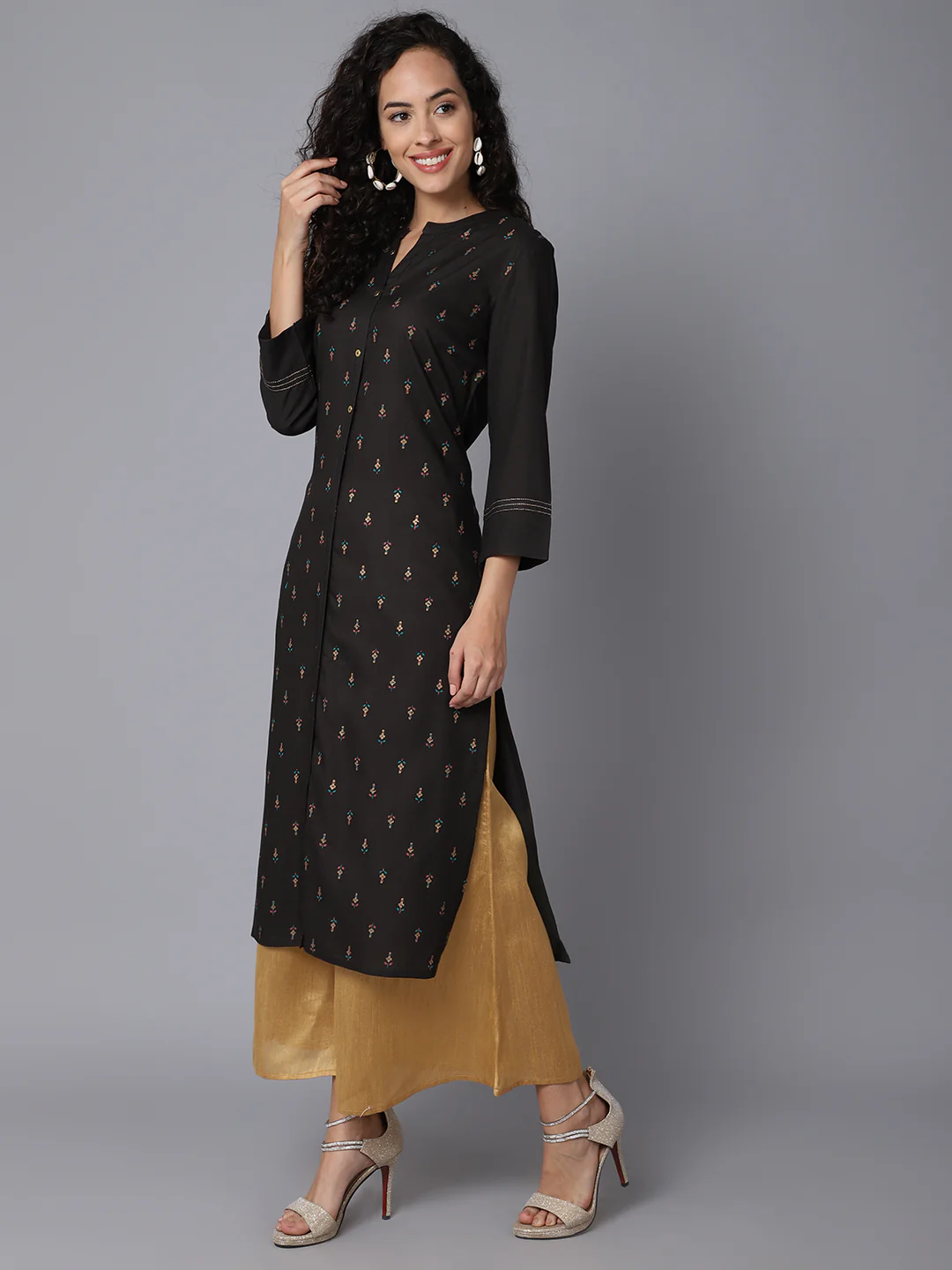 Women's Casual Band Collar Olive Green Printed Calf length Kurti - Image 2