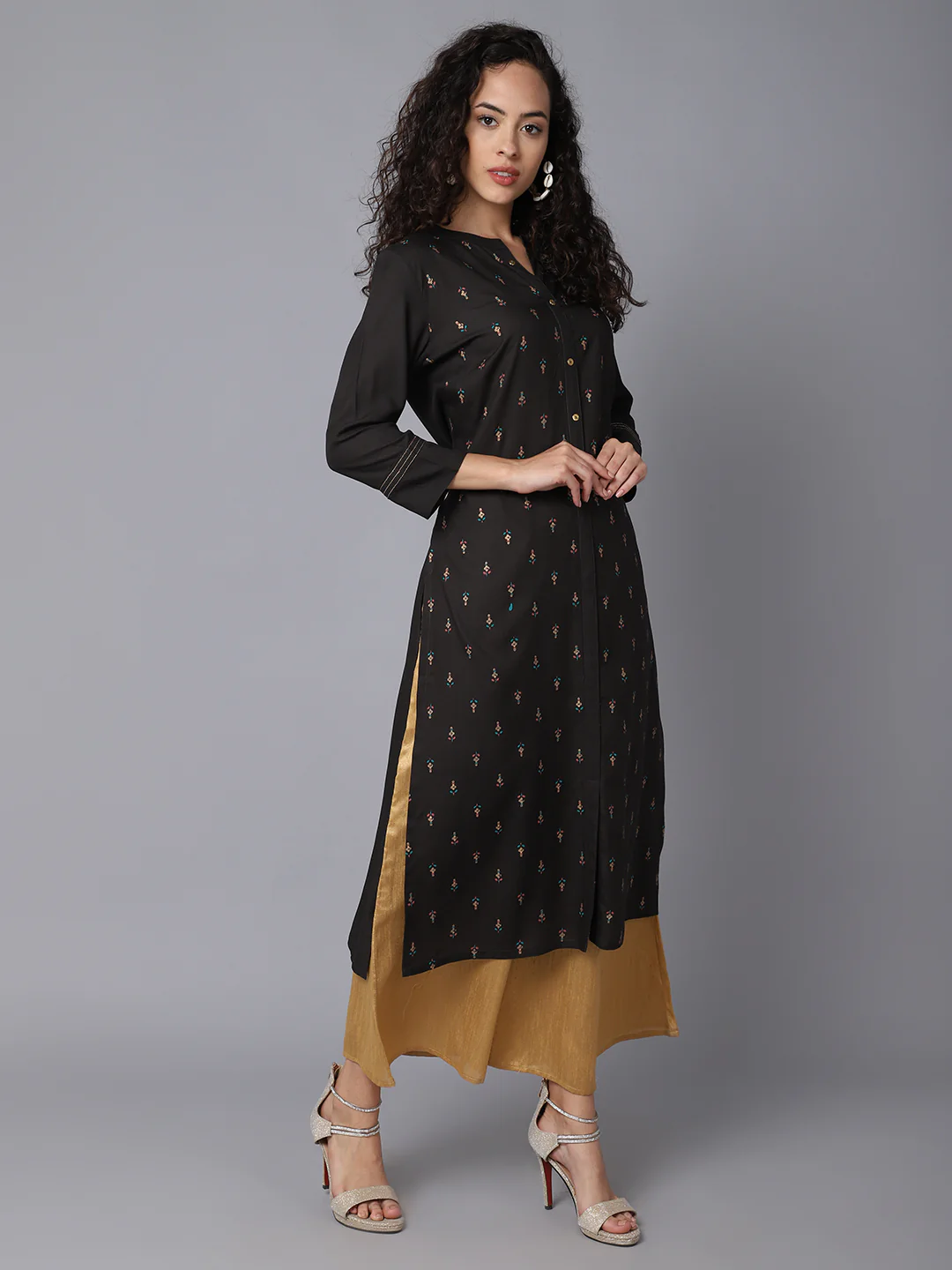 Women's Casual Band Collar Olive Green Printed Calf length Kurti - Image 3