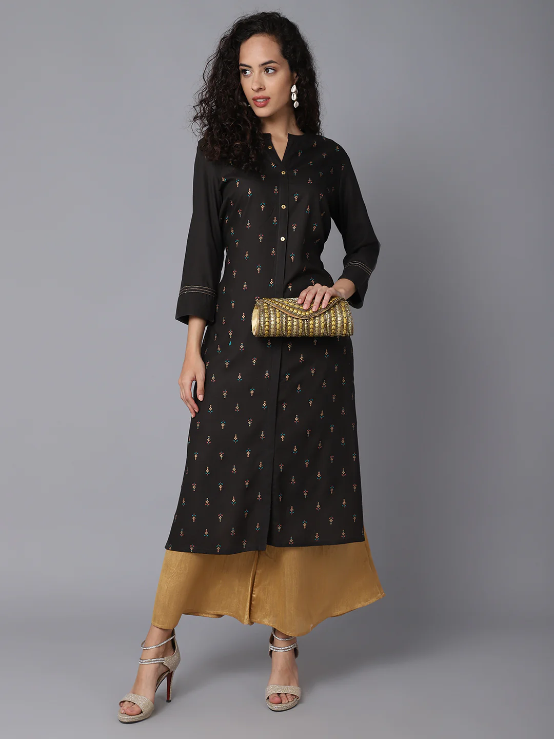 Women's Casual Band Collar Olive Green Printed Calf length Kurti - Image 5