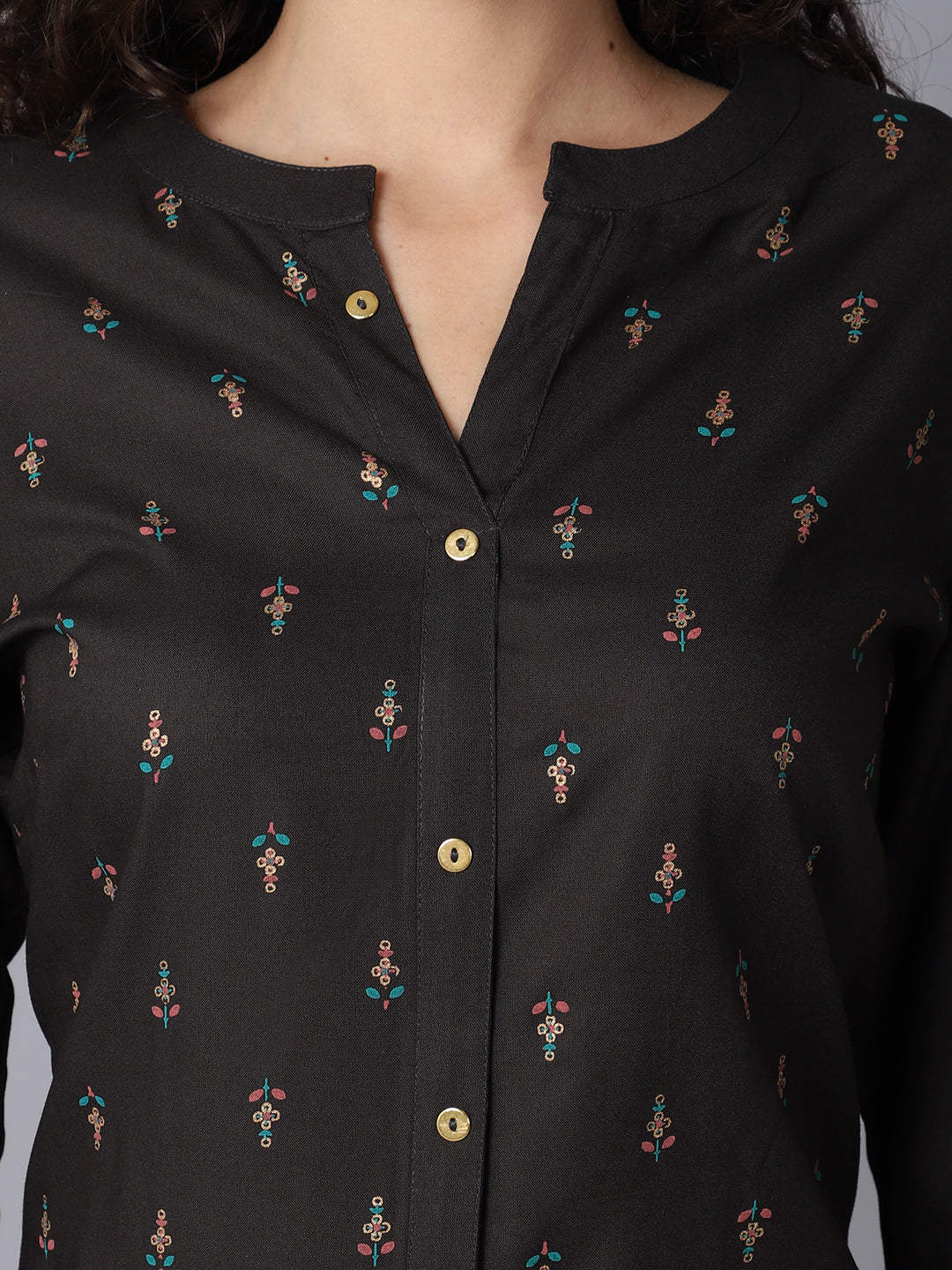 Women's Casual Band Collar Olive Green Printed Calf length Kurti - Image 6