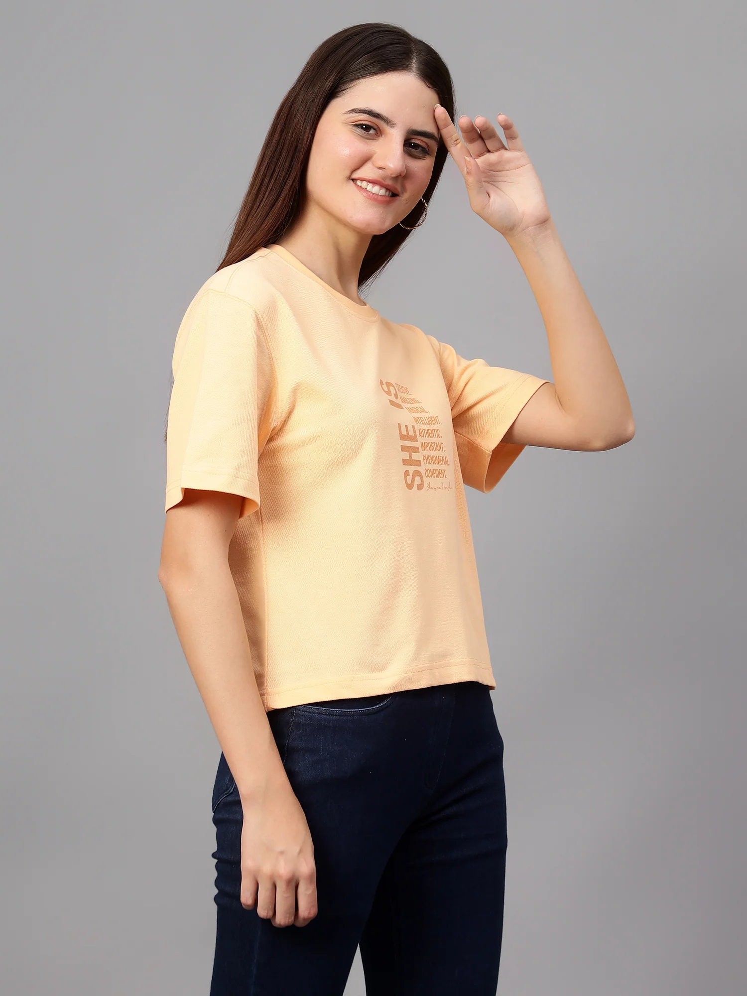 Women's Casual Regular Short Sleeve Peach Round neck Typographic Print T-Shirt - Image 3