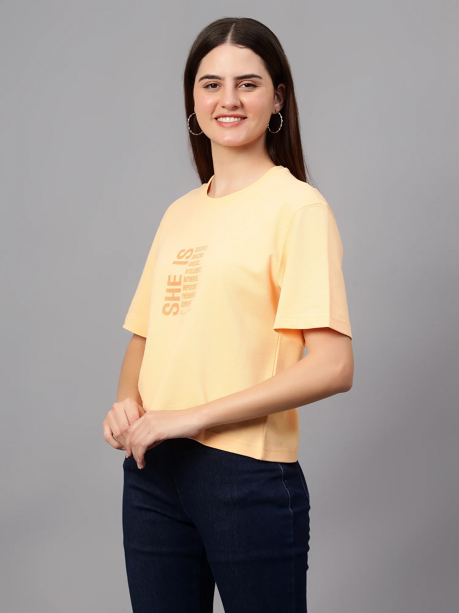Women's Casual Regular Short Sleeve Peach Round neck Typographic Print T-Shirt - Image 4
