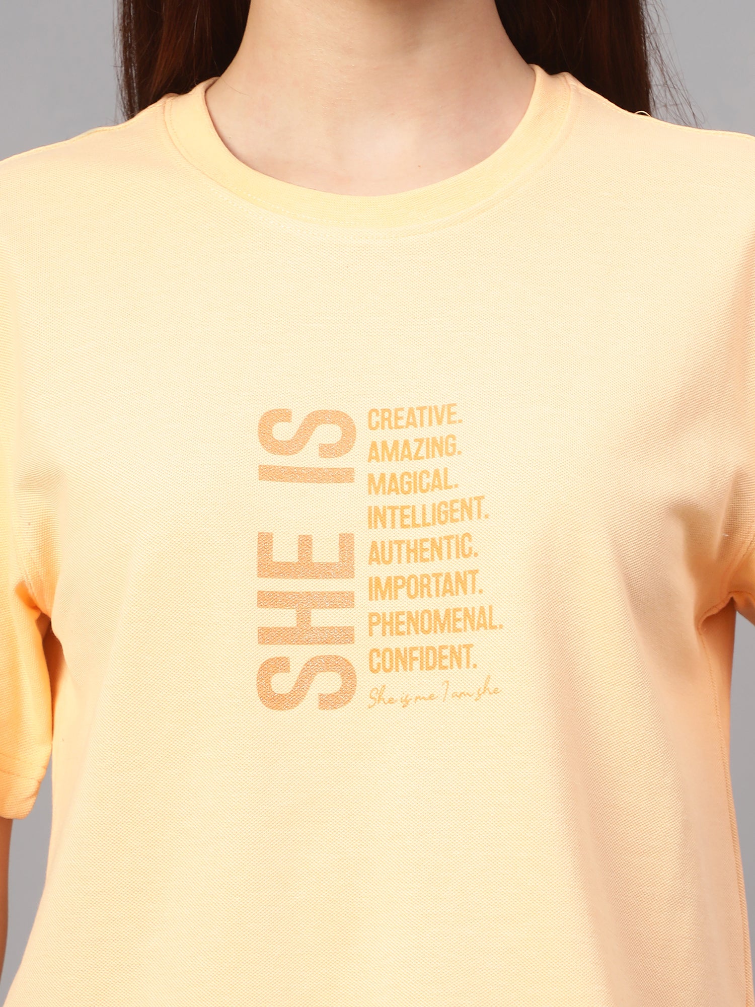 Women's Casual Regular Short Sleeve Peach Round neck Typographic Print T-Shirt - Image 5