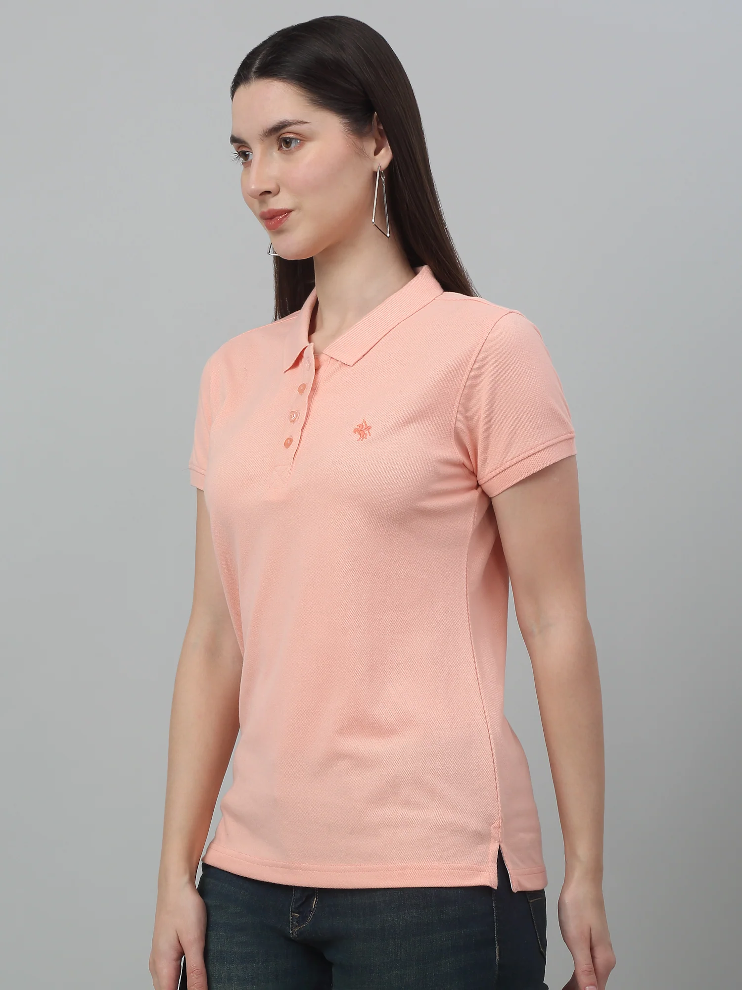Women's Casual Regular Short Sleeve Peach Polo neck  T-Shirt - Image 3