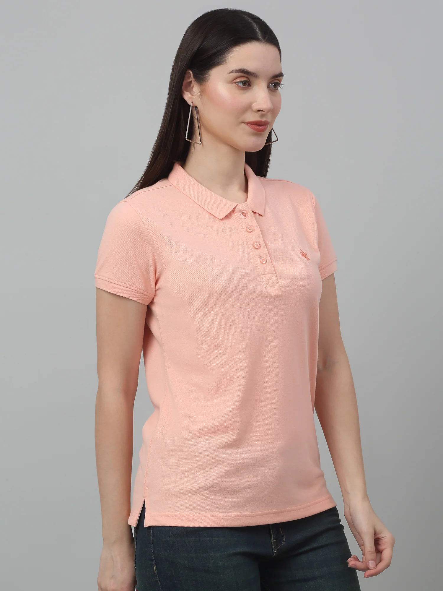 Women's Casual Regular Short Sleeve Peach Polo neck  T-Shirt - Image 4