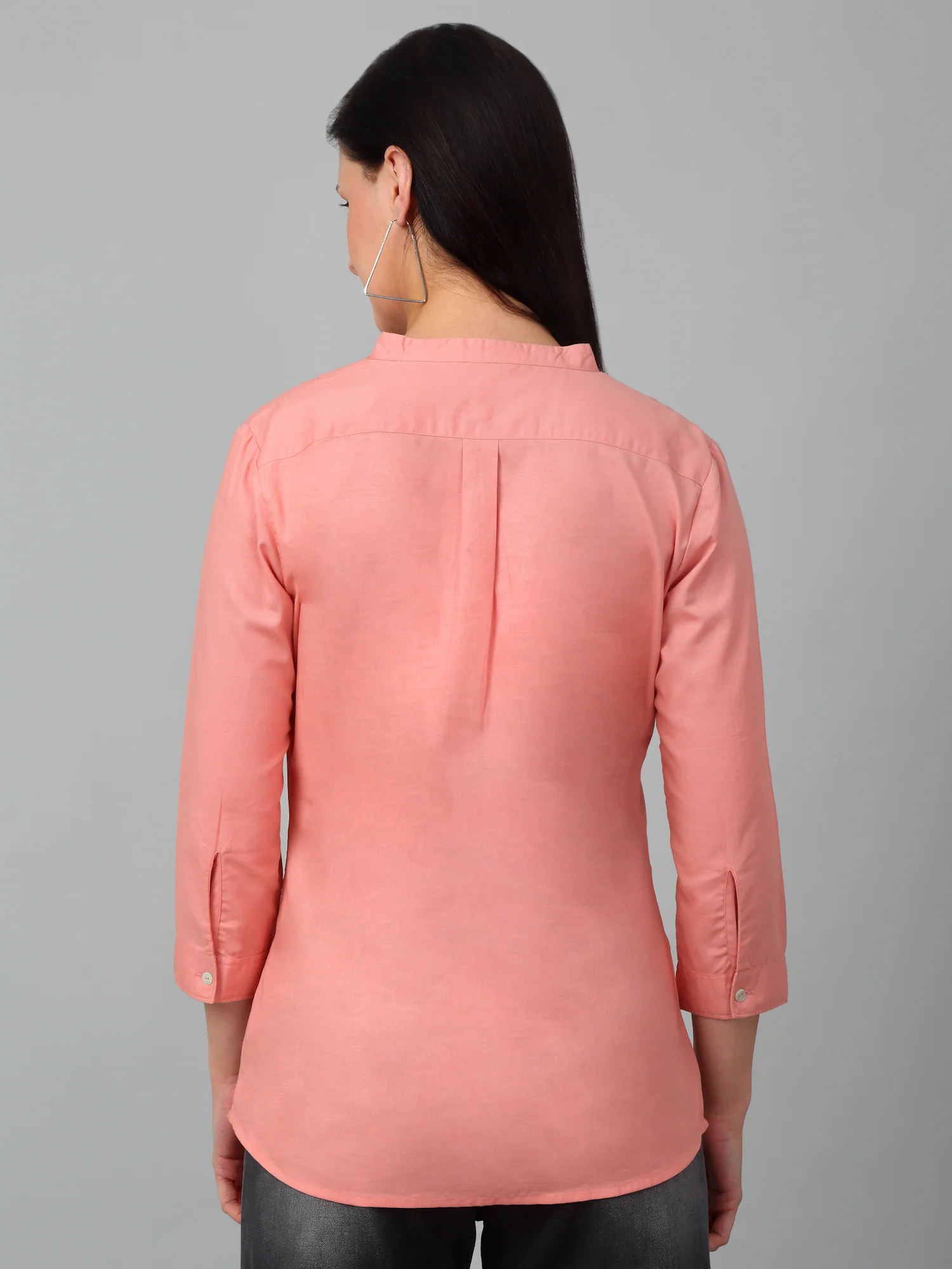 Women's Casual  Peach Solid Mandarin Collar Tunic - Image 2