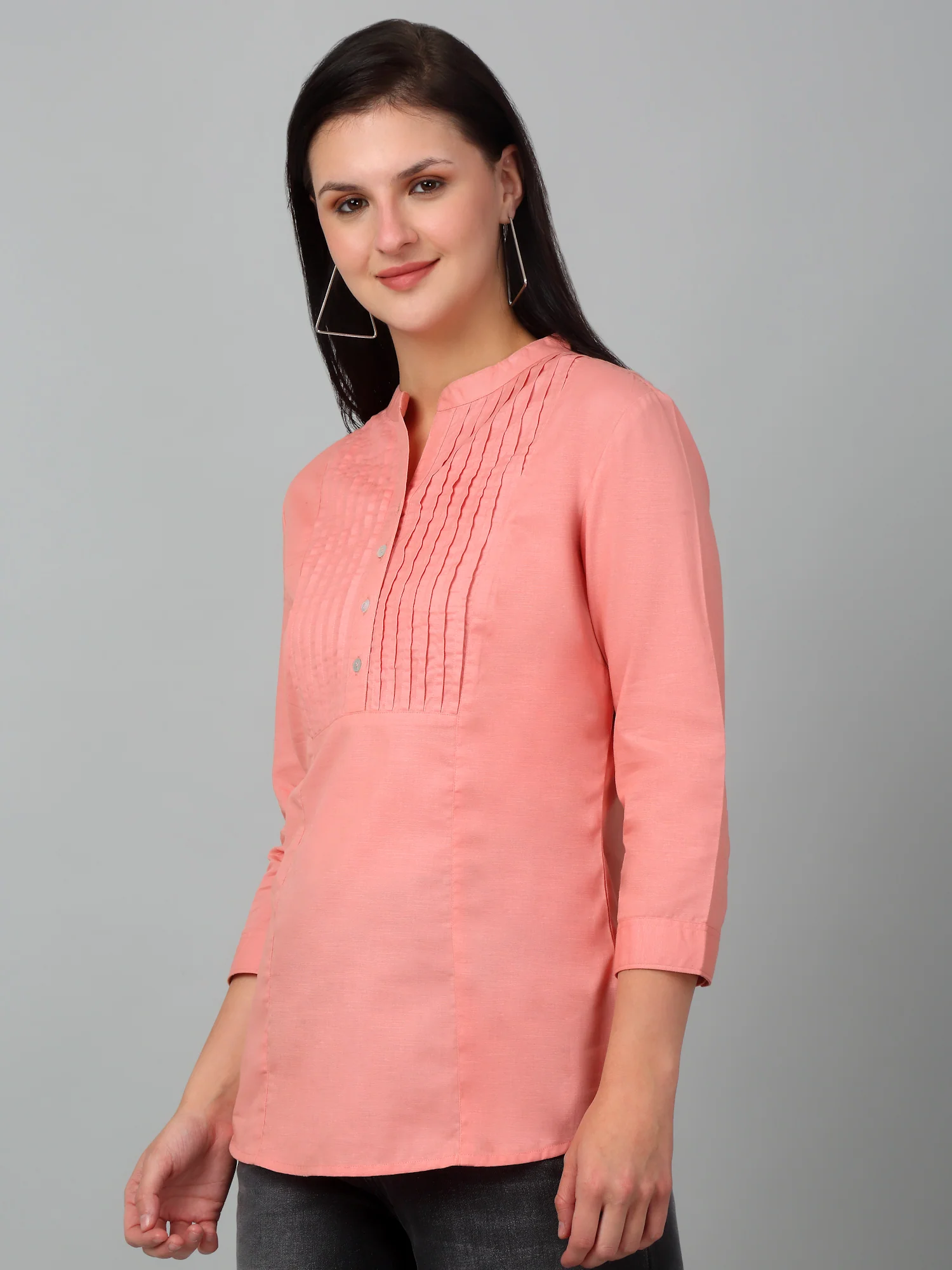 Women's Casual  Peach Solid Mandarin Collar Tunic - Image 3