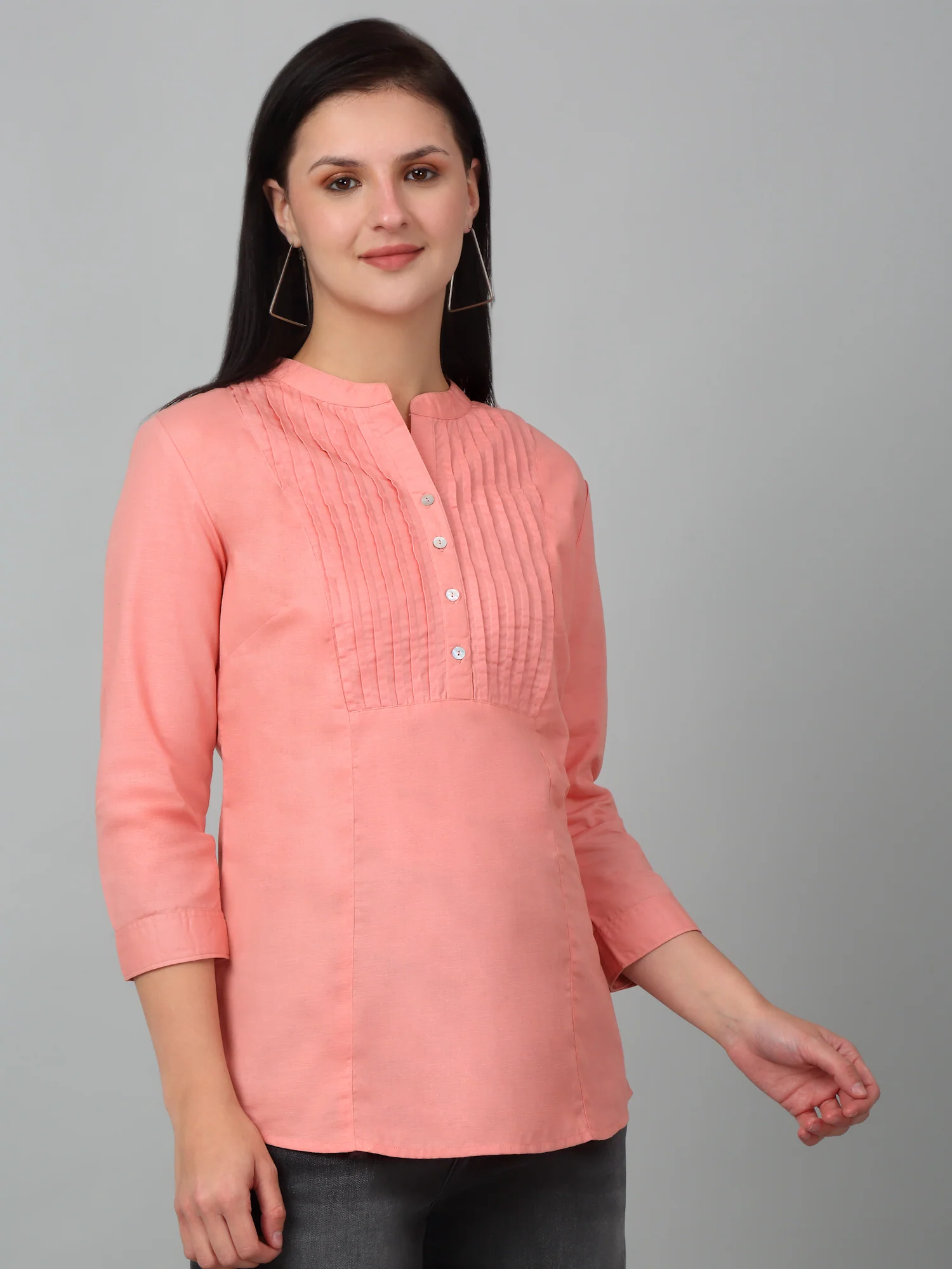 Women's Casual  Peach Solid Mandarin Collar Tunic - Image 4