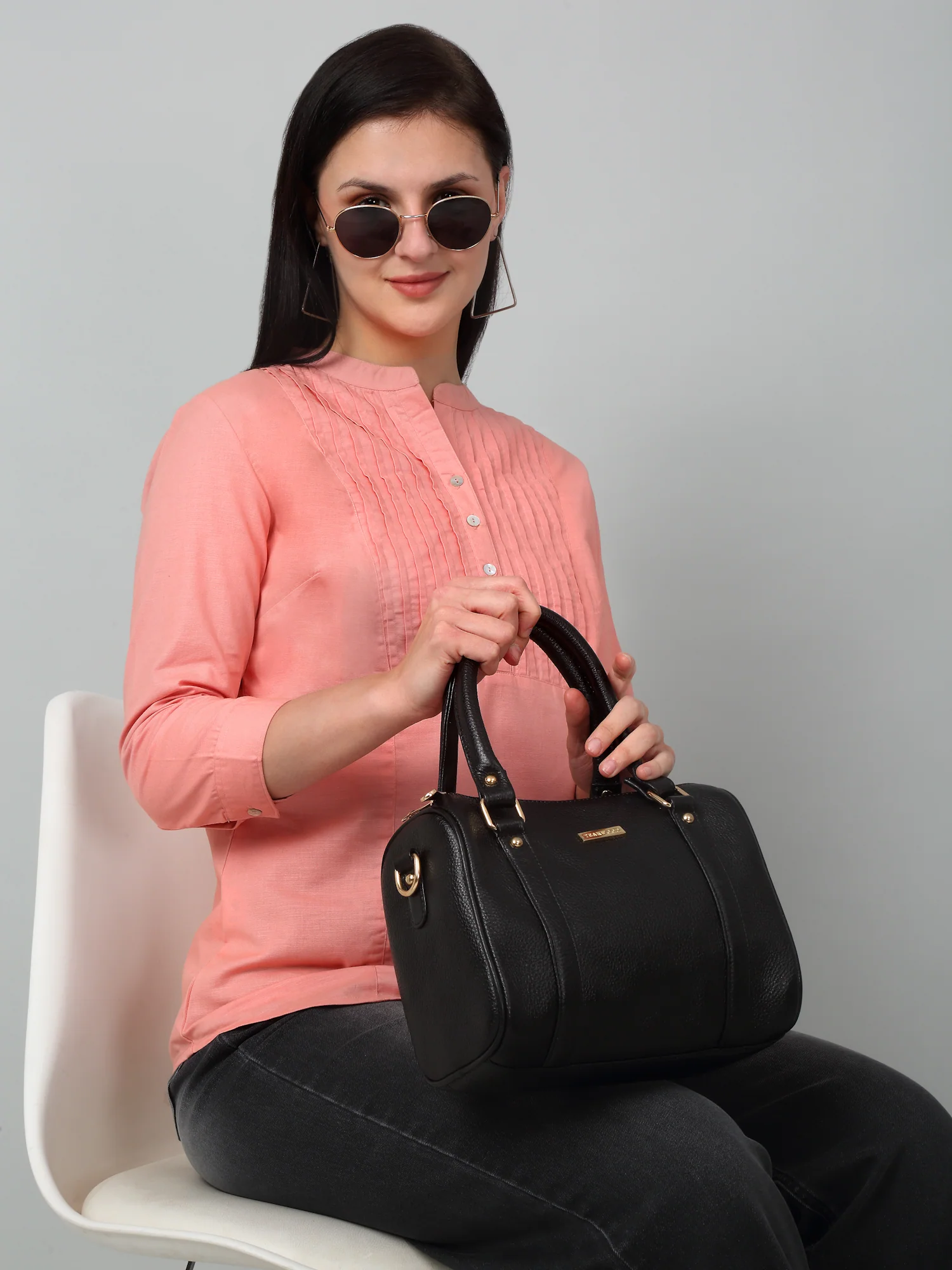 Women's Casual  Peach Solid Mandarin Collar Tunic - Image 6