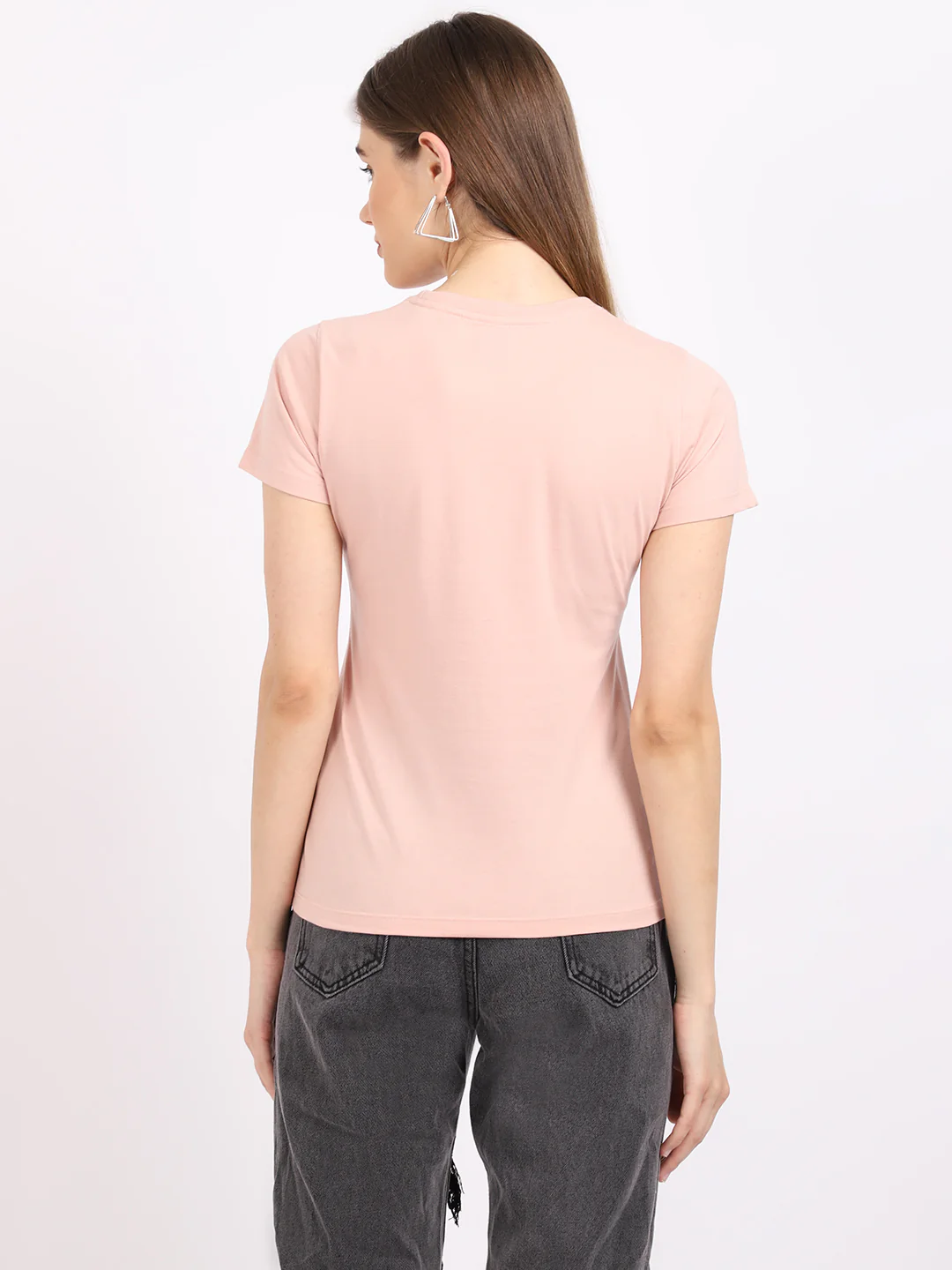 Women's Casual Regular Short Sleeve Peach Round neck Typographic Print T-Shirt - Image 2