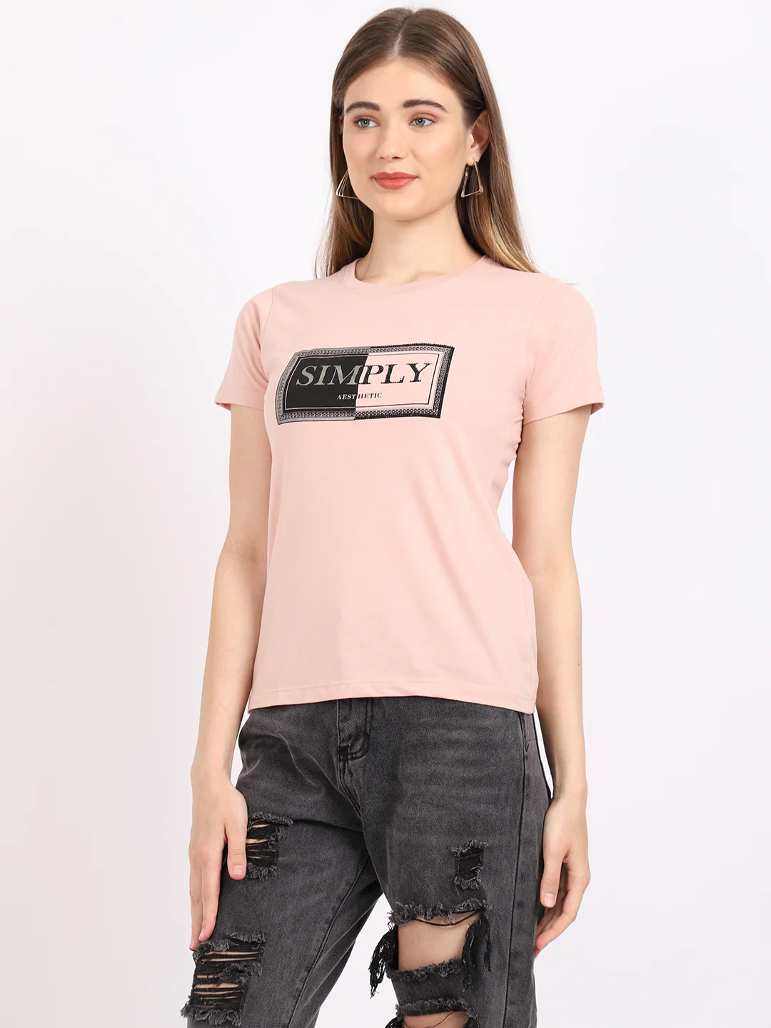 Women's Casual Regular Short Sleeve Peach Round neck Typographic Print T-Shirt - Image 3