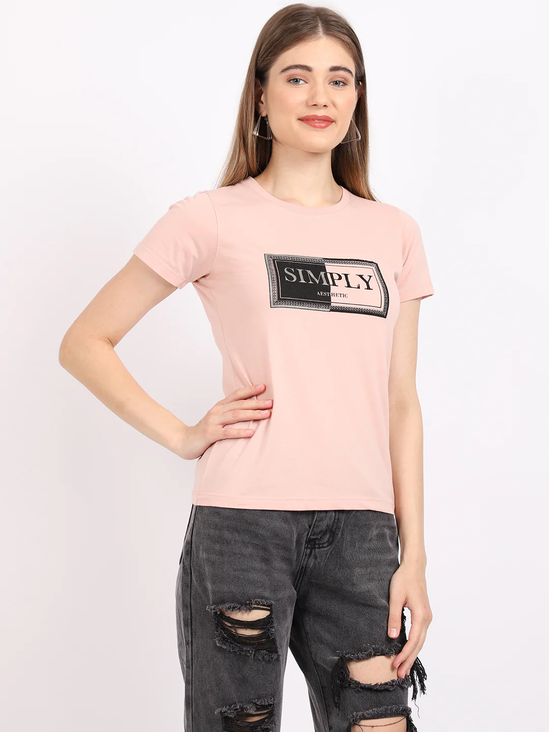 Women's Casual Regular Short Sleeve Peach Round neck Typographic Print T-Shirt - Image 4