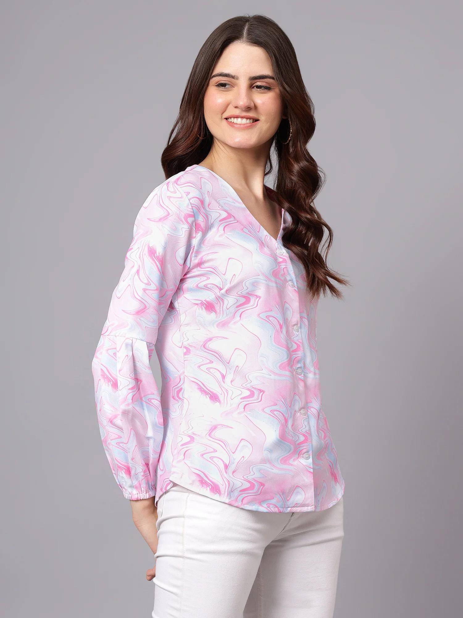 Women's Pink Abstract Print Casual Top - Image 3