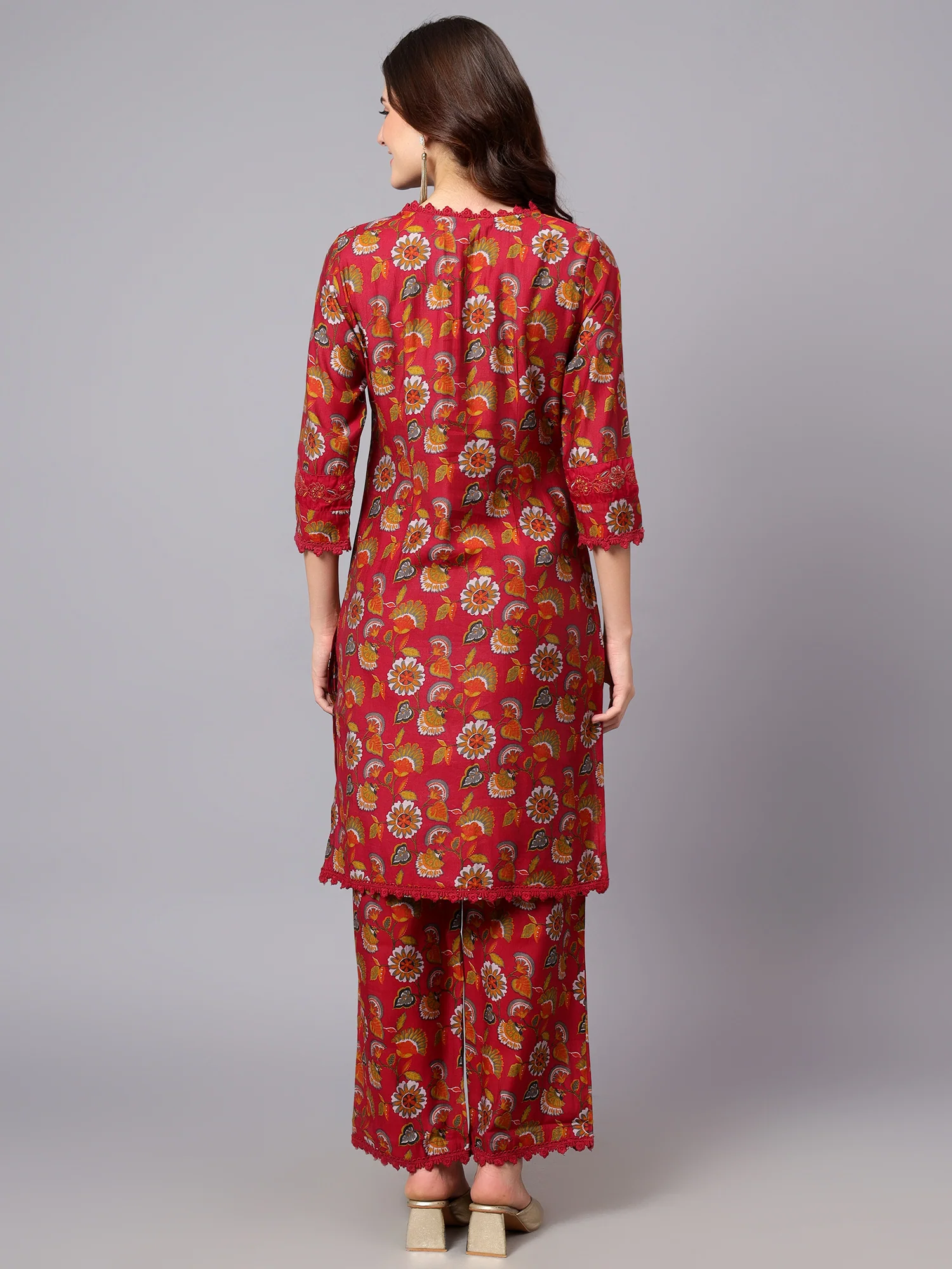 Women's Pink Floral Printed Casual Kurta Plazzo Set - Image 2