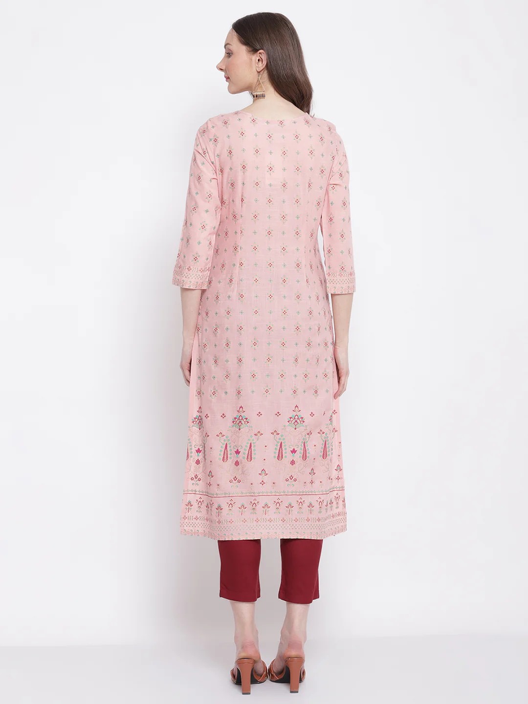 Women's Casual Round neck Pink All Over Printed with border Calf length Kurti - Image 2