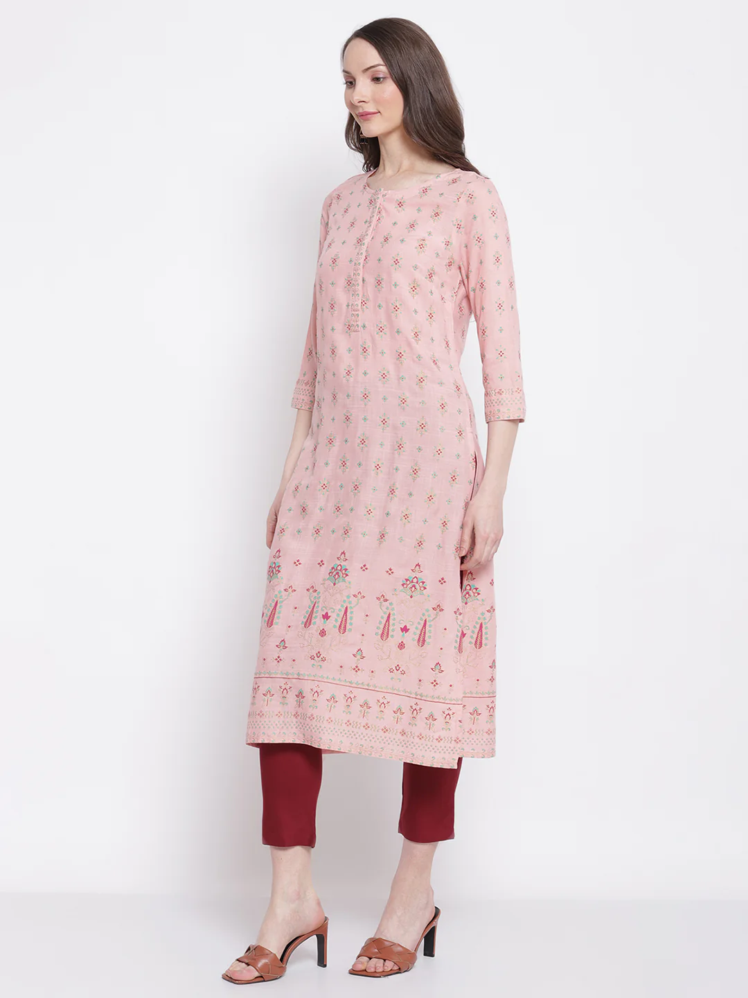 Women's Casual Round neck Pink All Over Printed with border Calf length Kurti - Image 3
