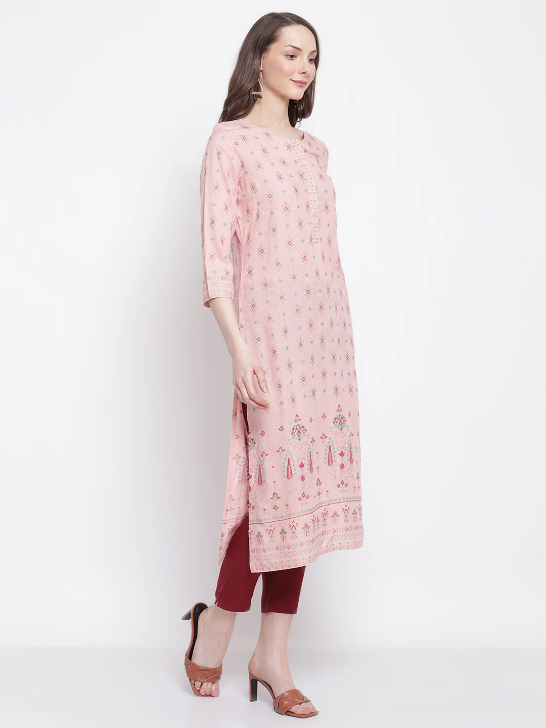 Women's Casual Round neck Pink All Over Printed with border Calf length Kurti - Image 4