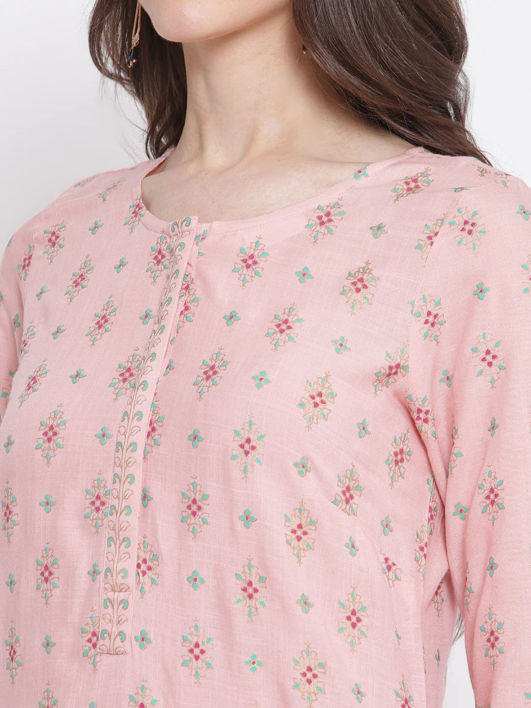 Women's Casual Round neck Pink All Over Printed with border Calf length Kurti - Image 6
