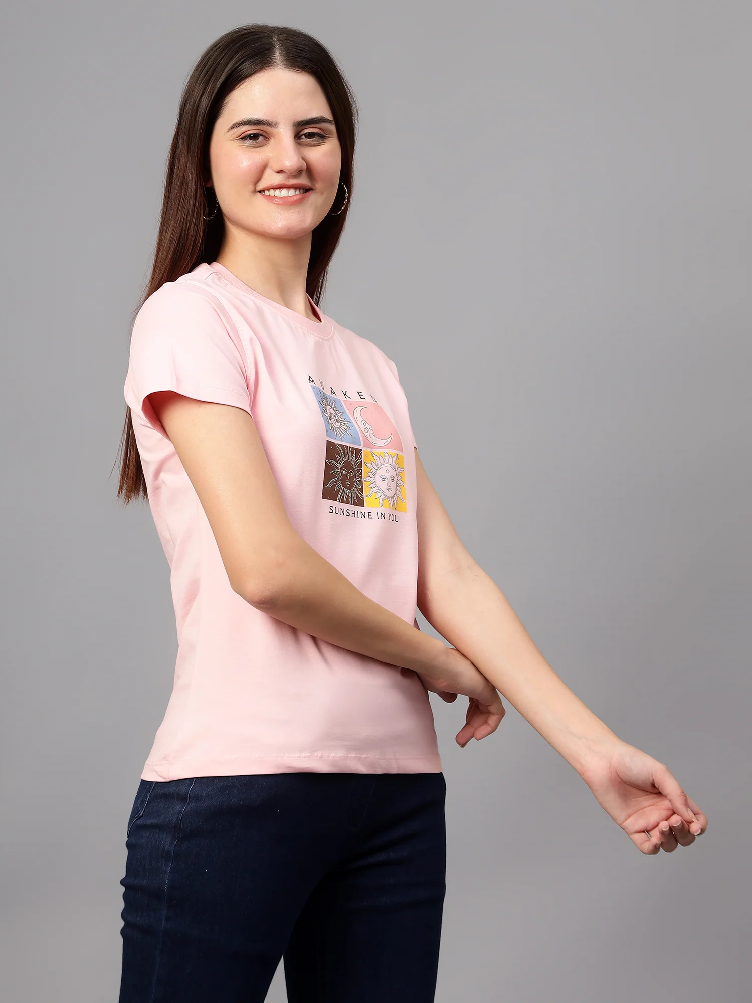 Women's Casual Regular Short Sleeve Pink Round neck Graphic Print T-Shirt - Image 3