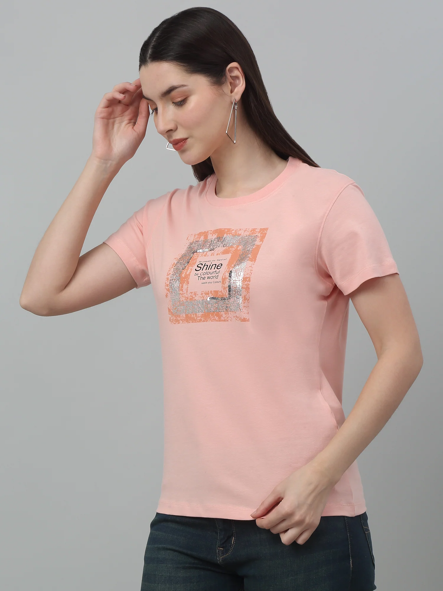 Women's Pink Printed Sequence Work Round Neck Casual T-shirt For Summer - Image 3