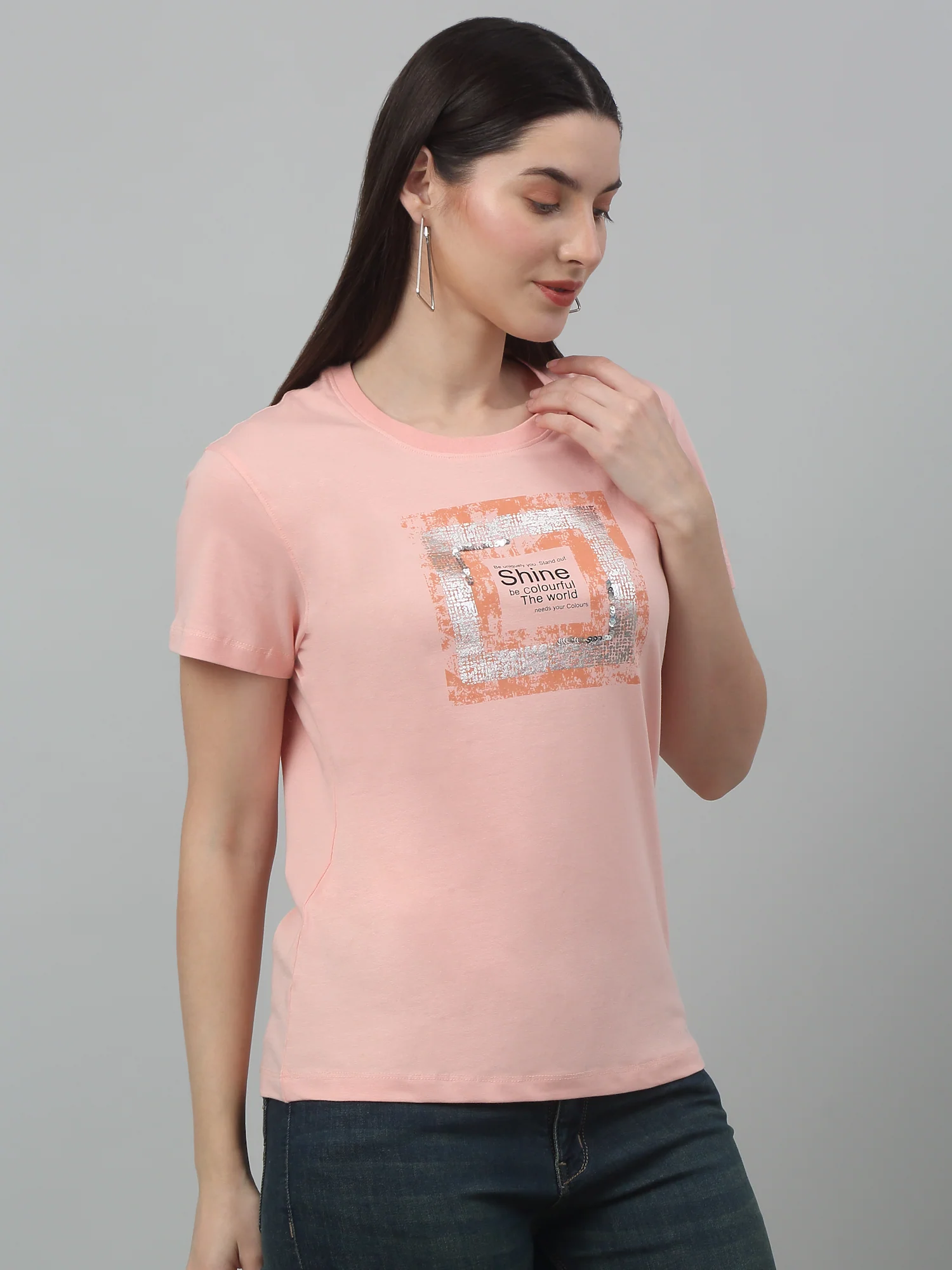 Women's Pink Printed Sequence Work Round Neck Casual T-shirt For Summer - Image 4