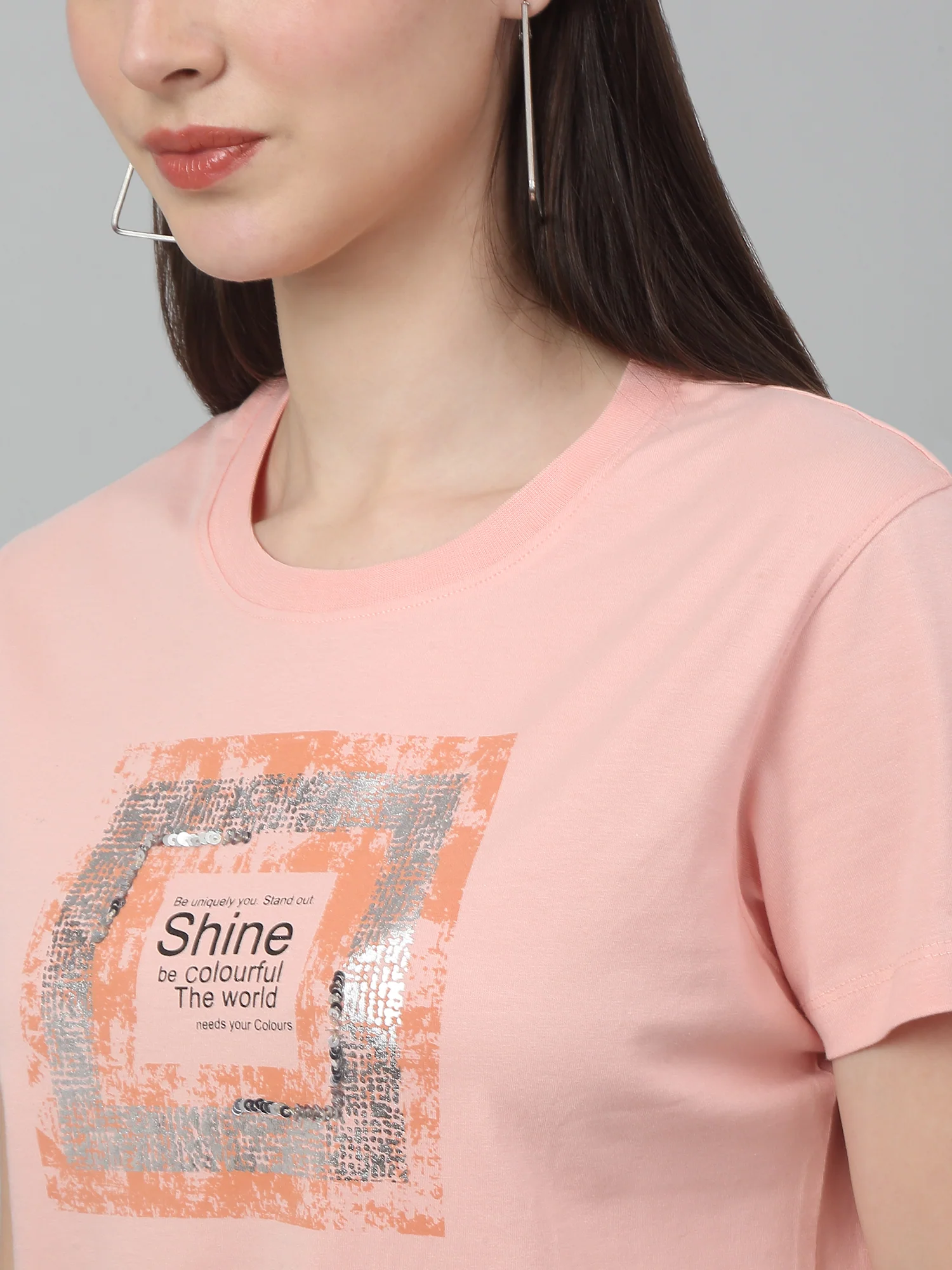 Women's Pink Printed Sequence Work Round Neck Casual T-shirt For Summer - Image 5