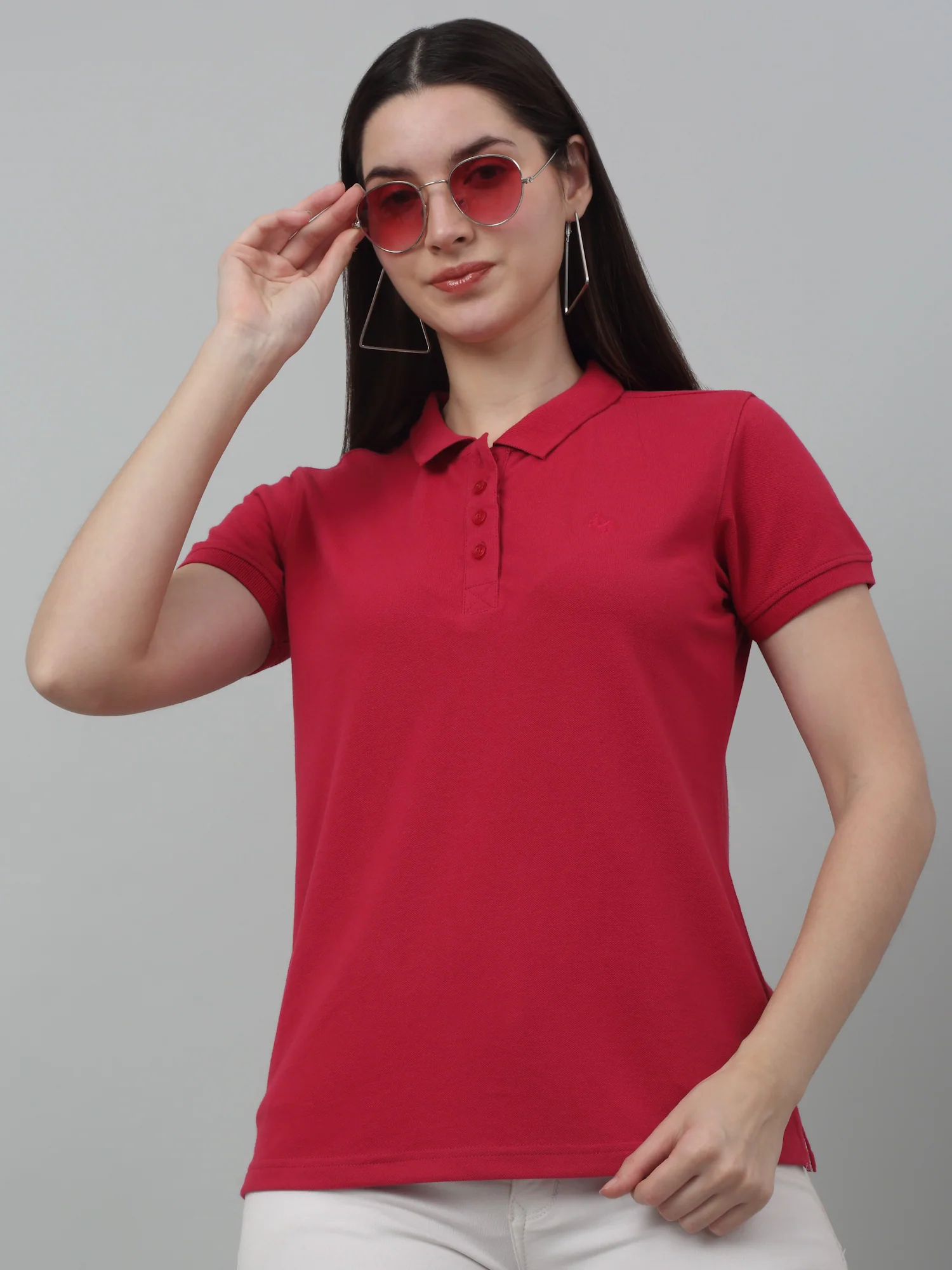 Women's Casual Regular Short Sleeve Pink Polo neck  T-Shirt - Image 3
