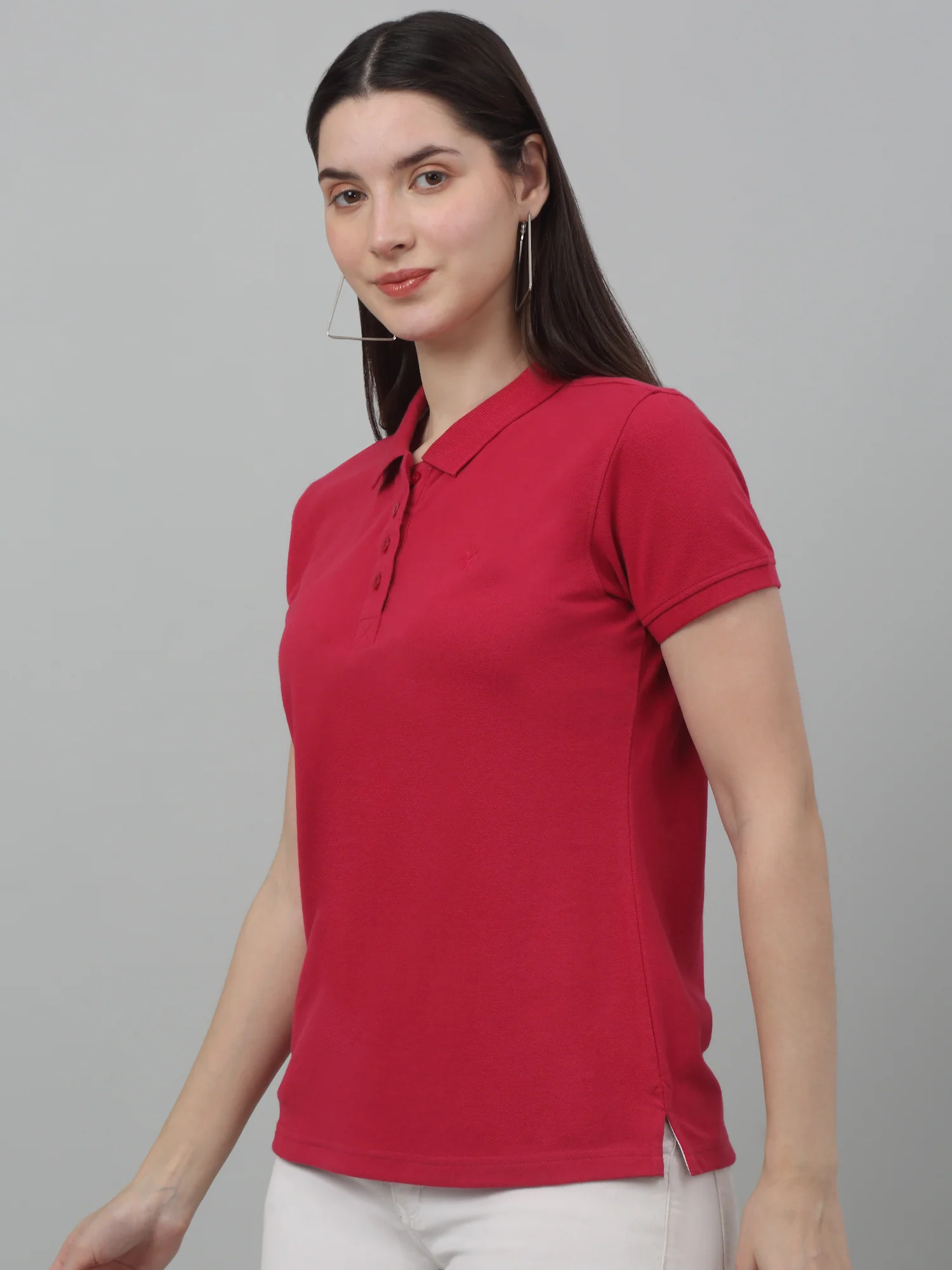 Women's Casual Regular Short Sleeve Pink Polo neck  T-Shirt - Image 4