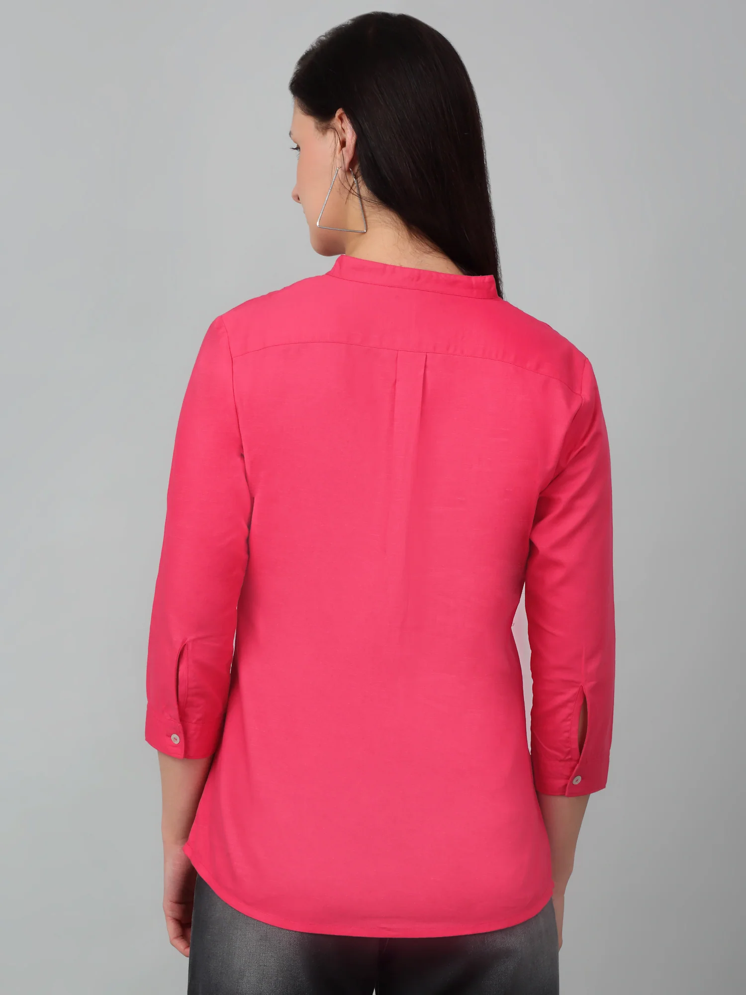Women's Casual  Pink Solid Mandarin Collar Tunic - Image 2