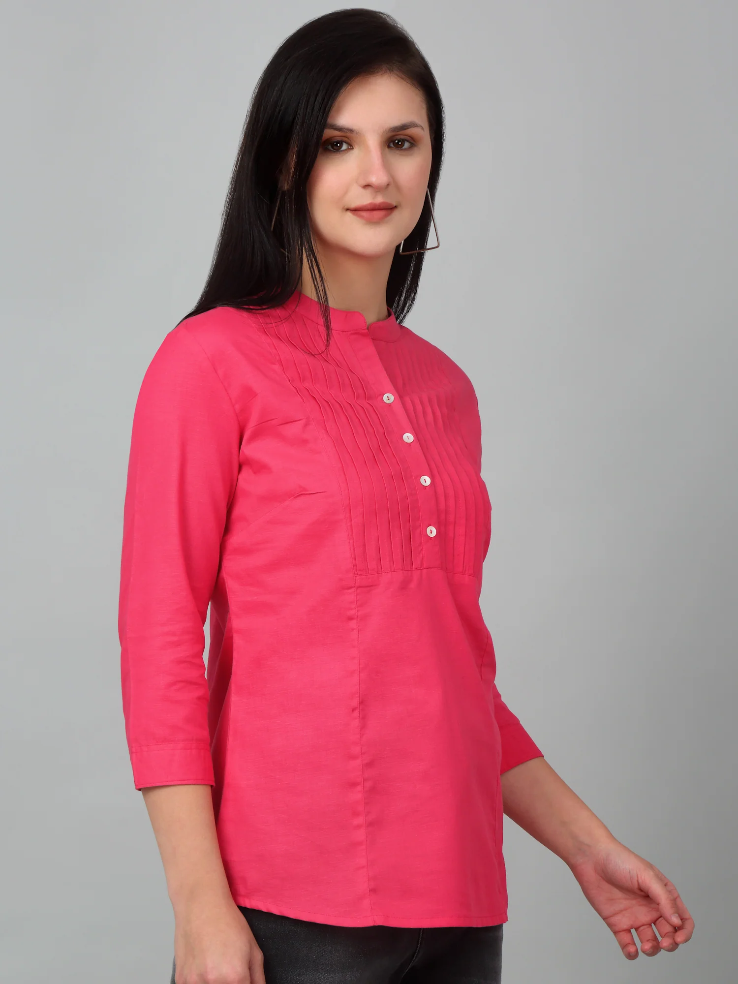 Women's Casual  Pink Solid Mandarin Collar Tunic - Image 3