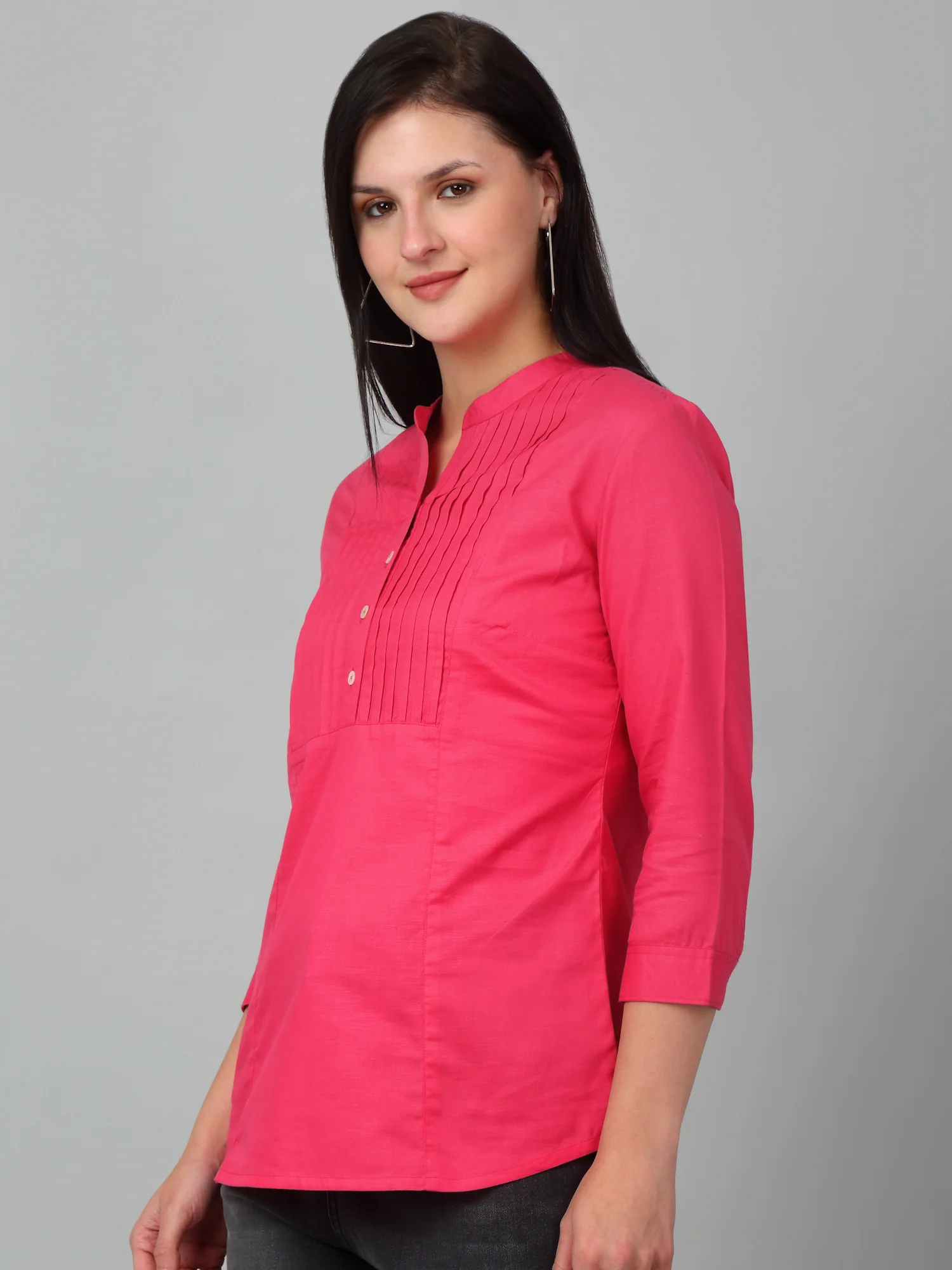 Women's Casual  Pink Solid Mandarin Collar Tunic - Image 4