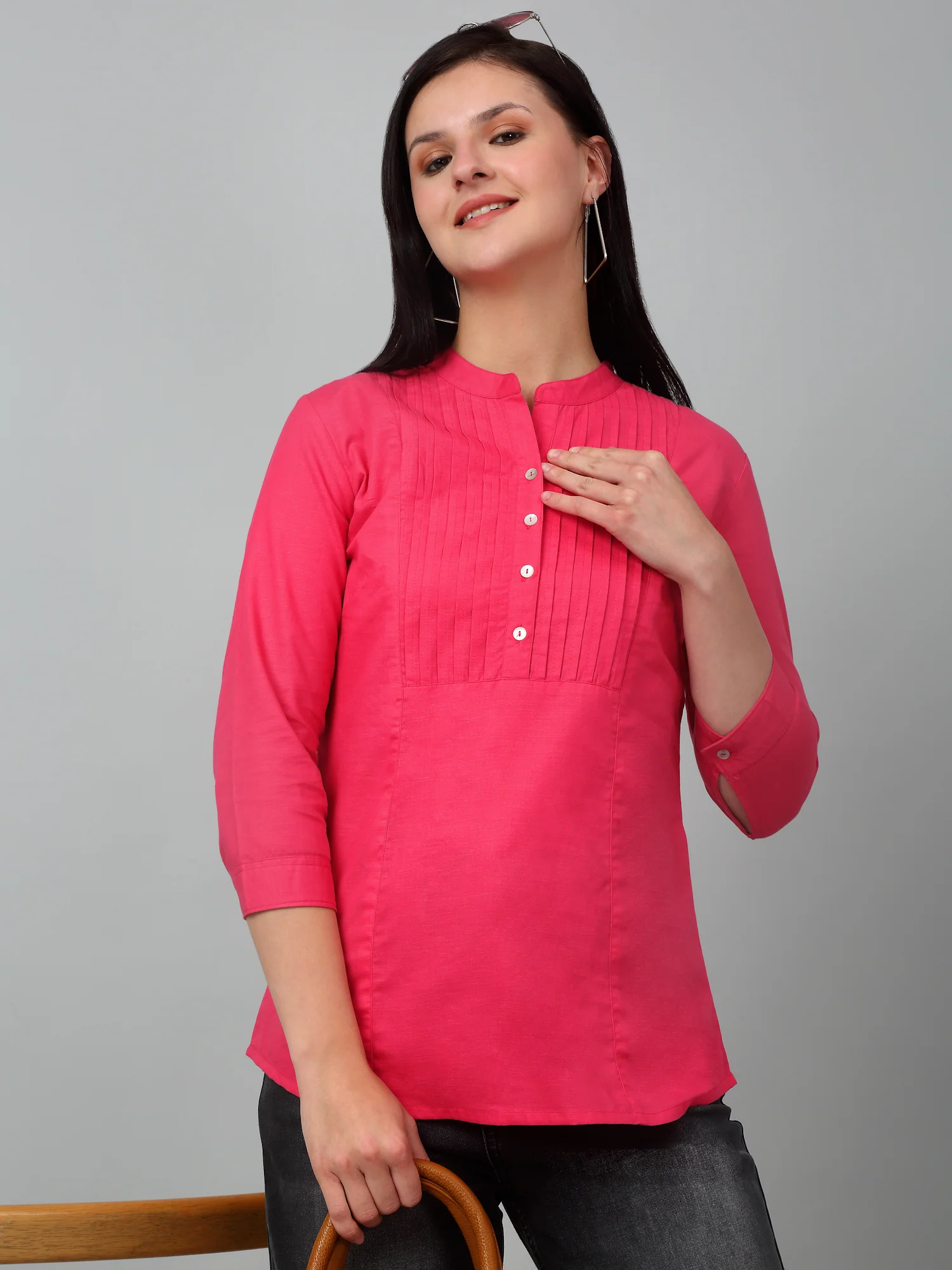 Women's Casual  Pink Solid Mandarin Collar Tunic - Image 5