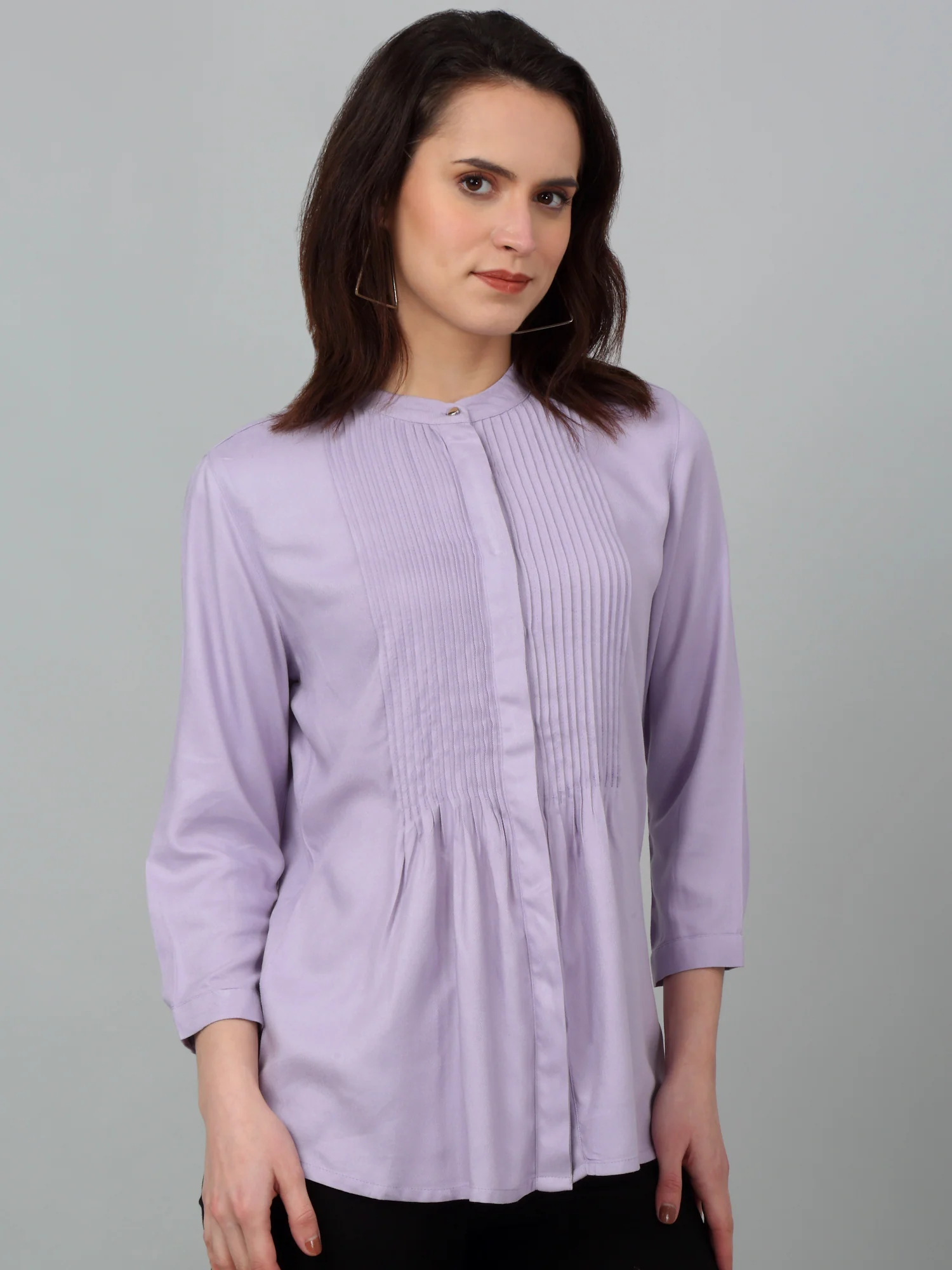 Women's Casual  Lilac Solid Mandarin Collar Tunic - Image 3