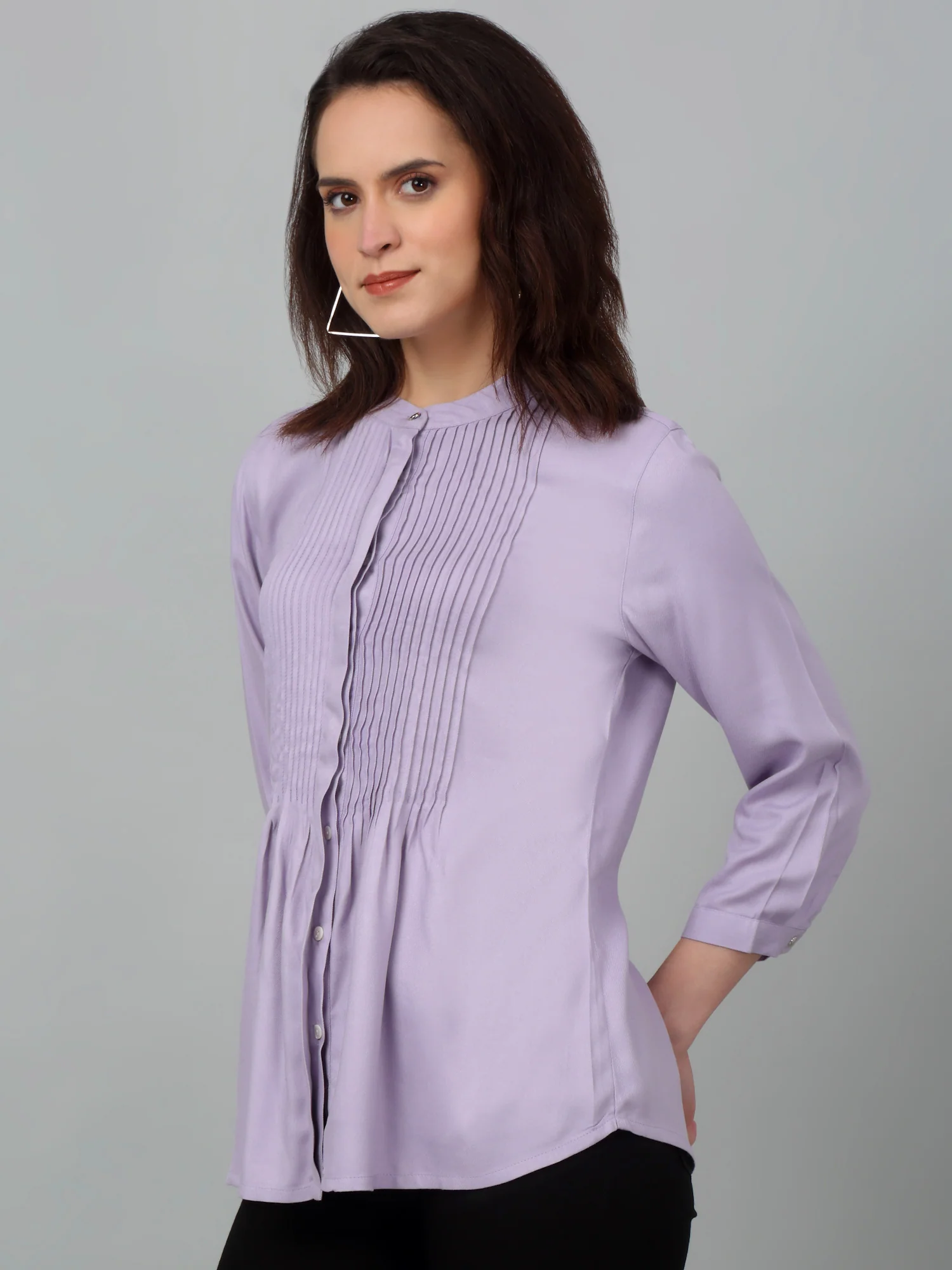 Women's Casual  Lilac Solid Mandarin Collar Tunic - Image 4