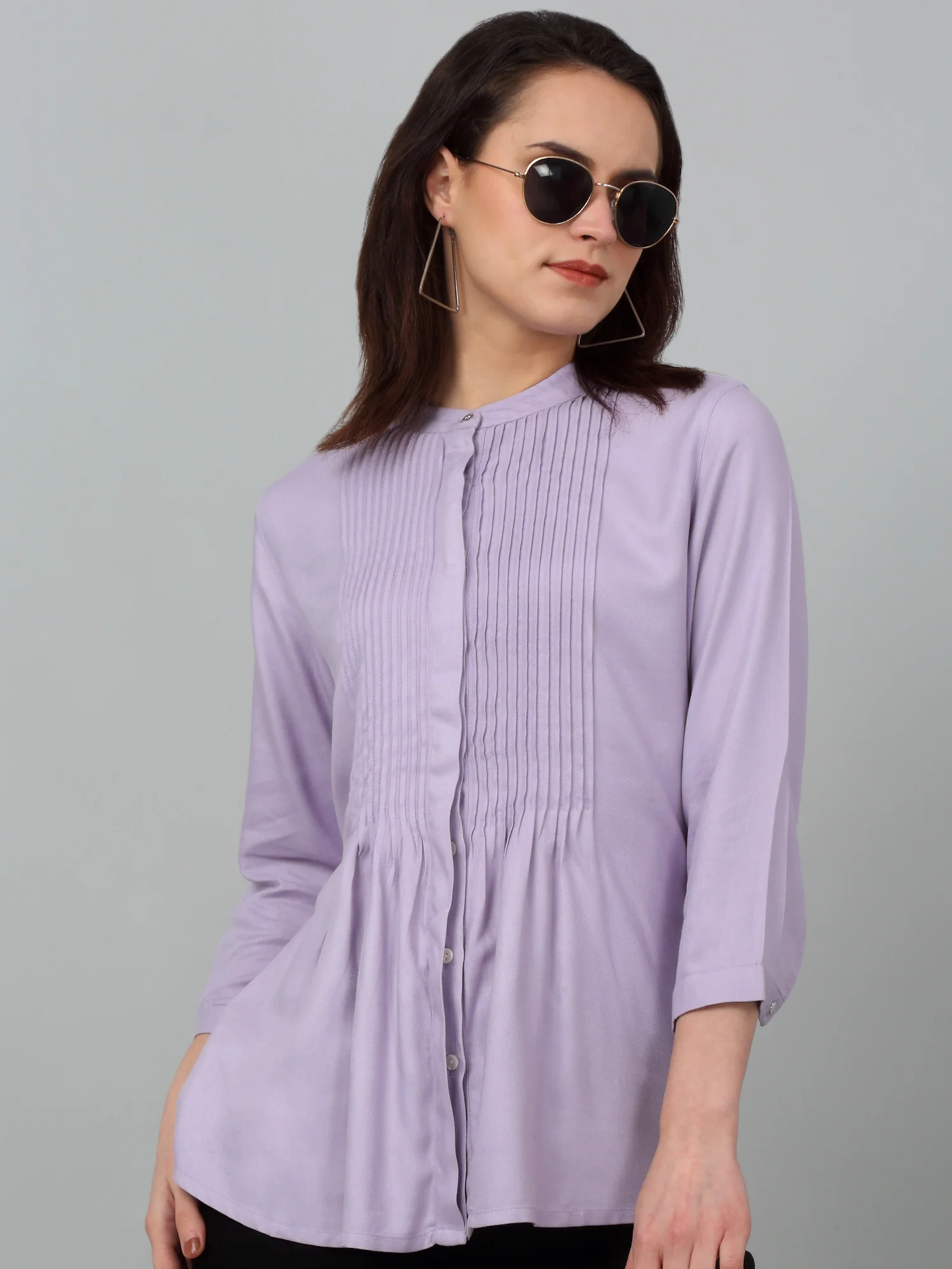 Women's Casual  Lilac Solid Mandarin Collar Tunic - Image 6