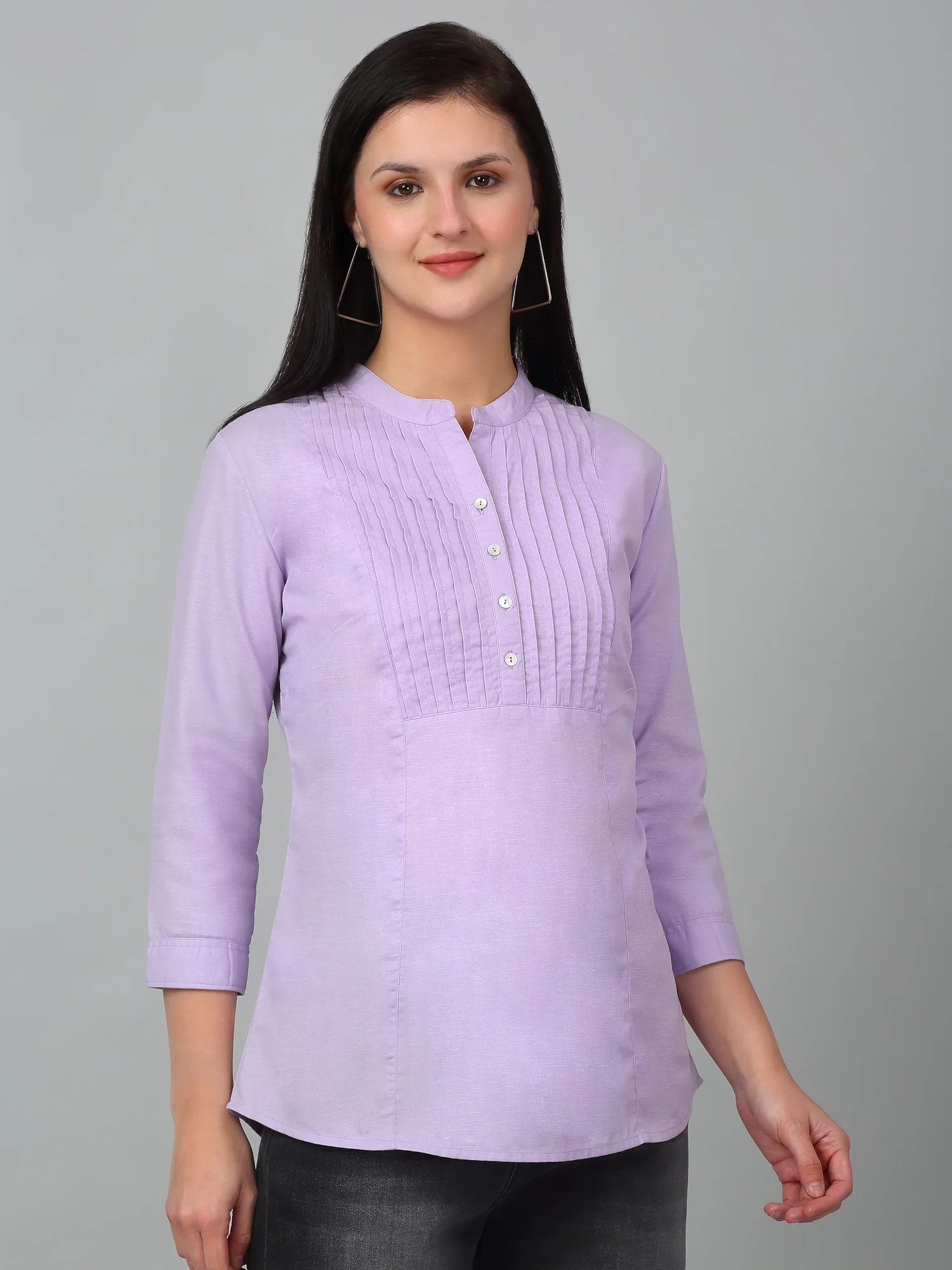 Women's Casual  Lilac Solid Mandarin Collar Tunic - Image 3