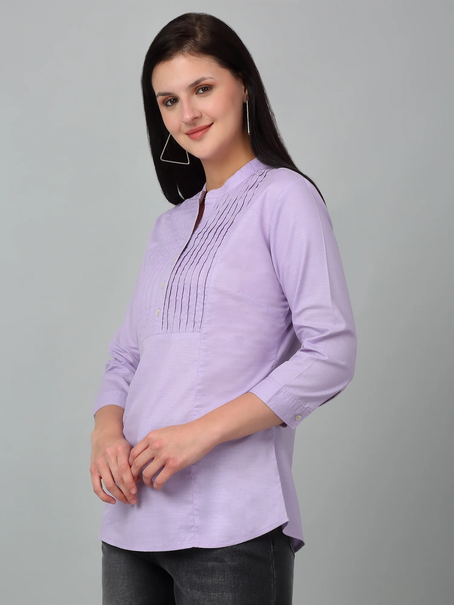Women's Casual  Lilac Solid Mandarin Collar Tunic - Image 4