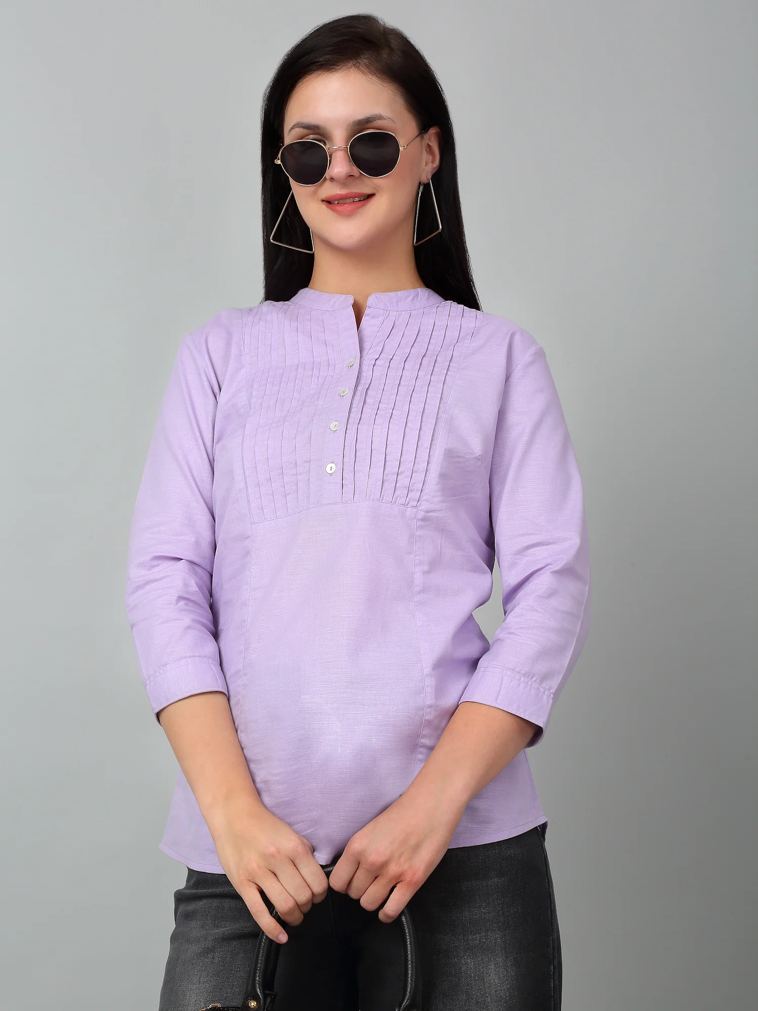 Women's Casual  Lilac Solid Mandarin Collar Tunic - Image 6