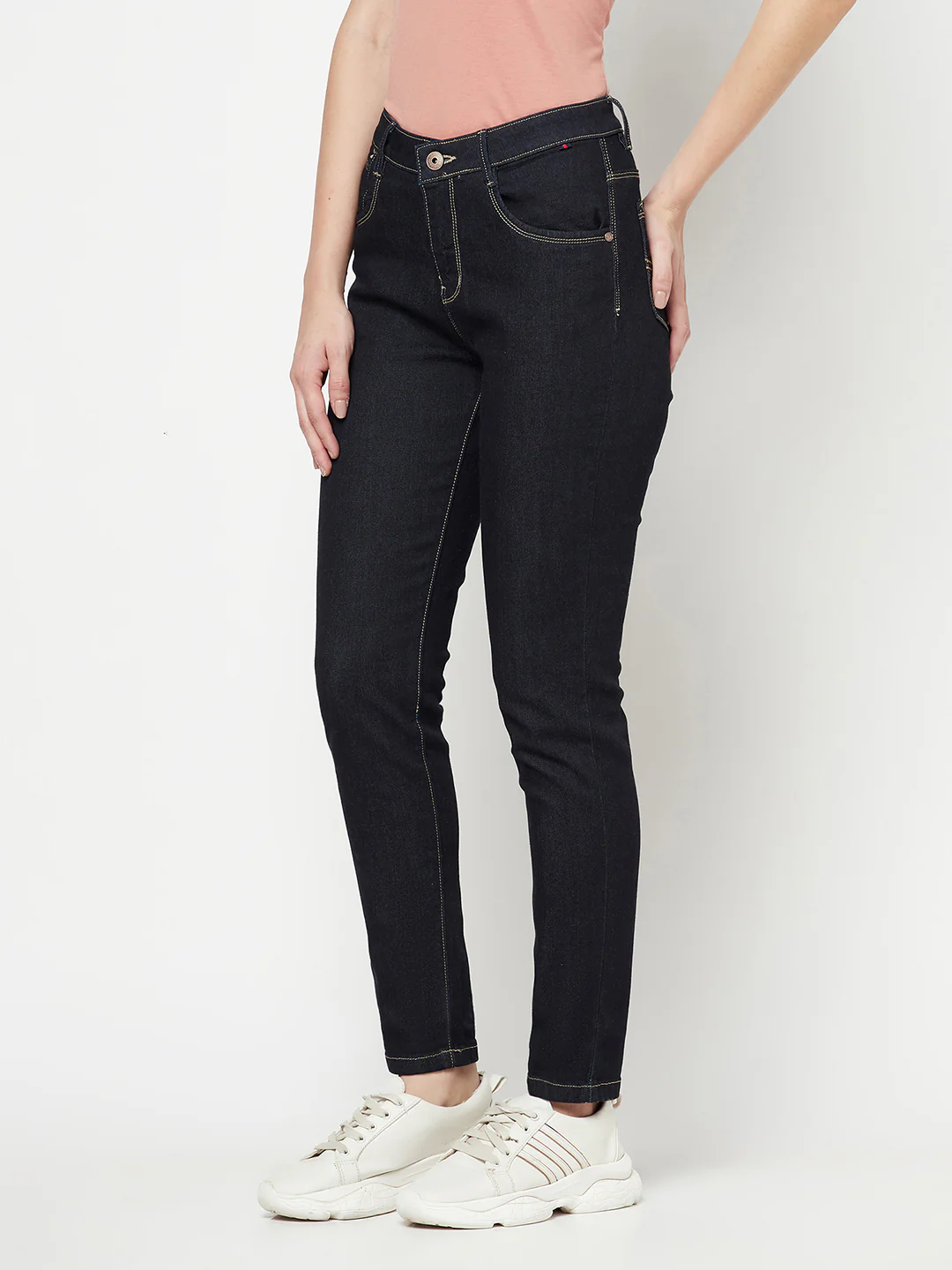 Women's Casual Skinny Fit Raw Denim Blue No Fade Mid rise Jeans - Image 2