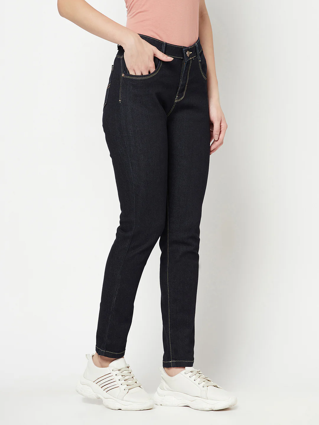 Women's Casual Skinny Fit Raw Denim Blue No Fade Mid rise Jeans - Image 3