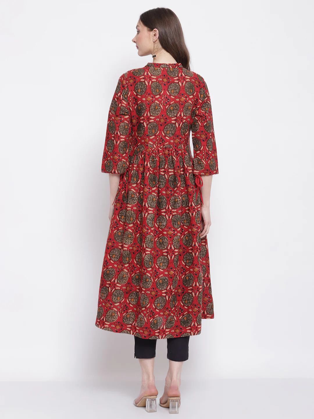 Women's Casual Band Collar Red All over Printed   Calf length Kurti - Image 2