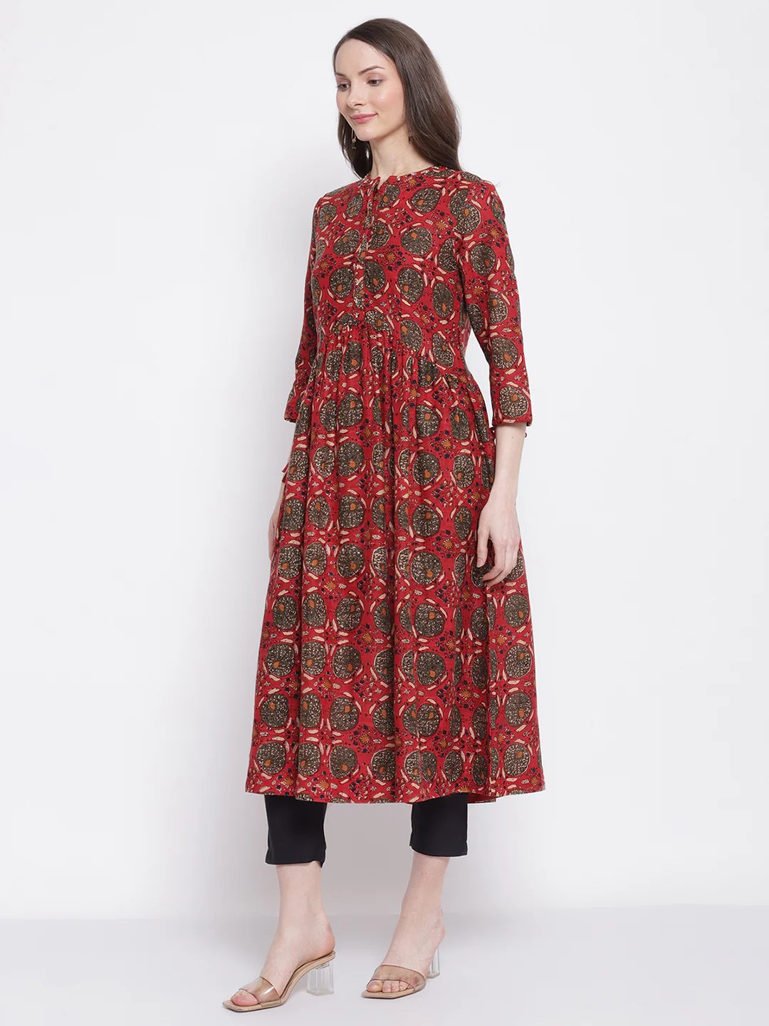 Women's Casual Band Collar Red All over Printed   Calf length Kurti - Image 3