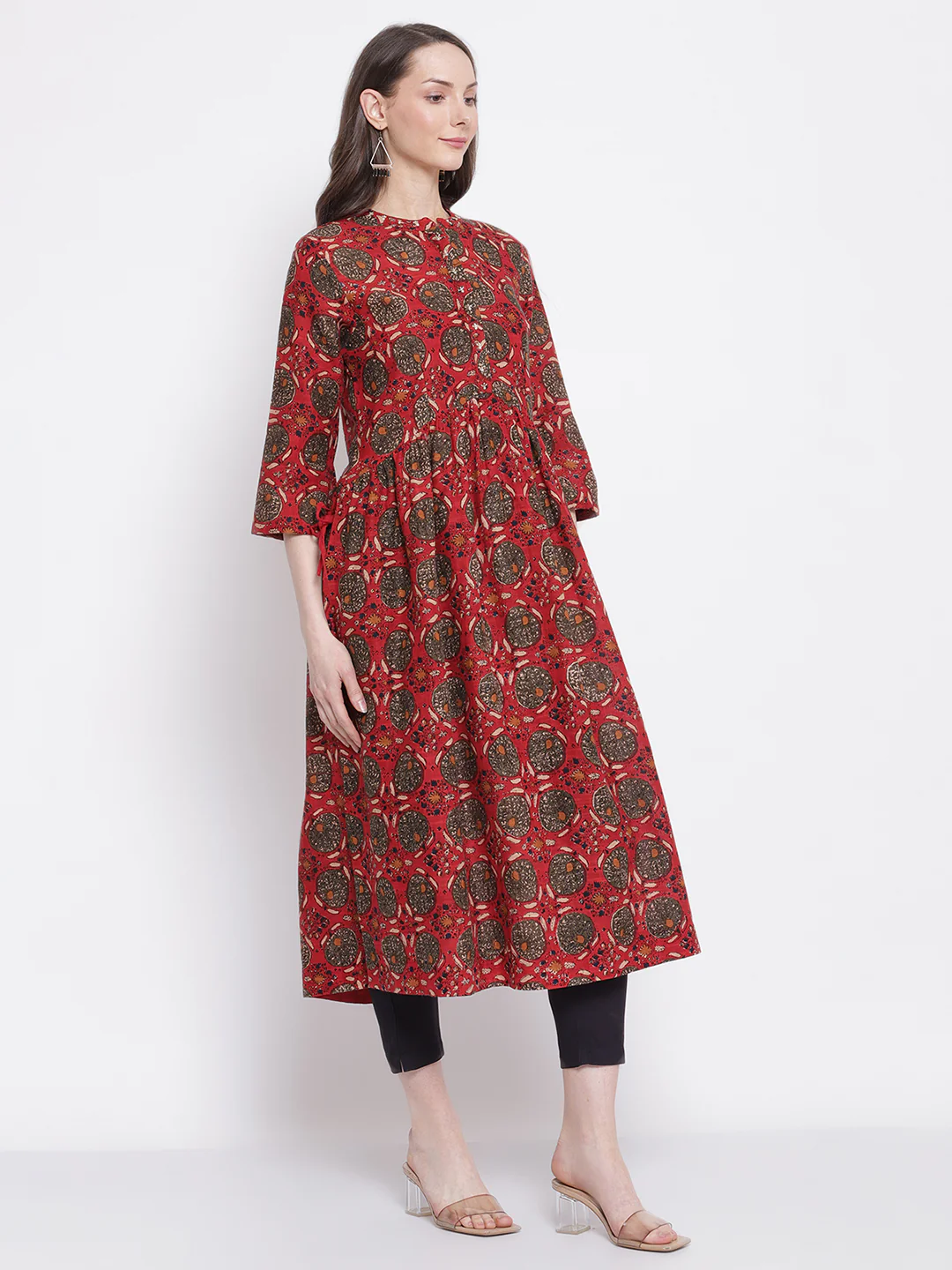 Women's Casual Band Collar Red All over Printed   Calf length Kurti - Image 4
