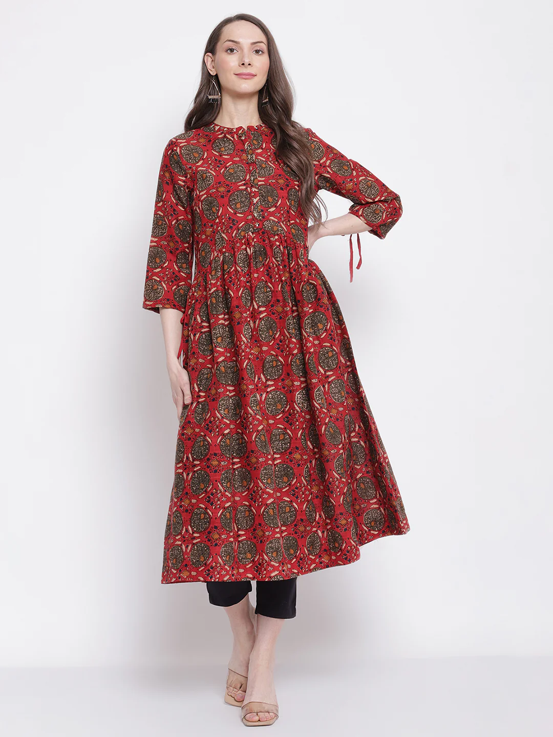 Women's Casual Band Collar Red All over Printed   Calf length Kurti - Image 5