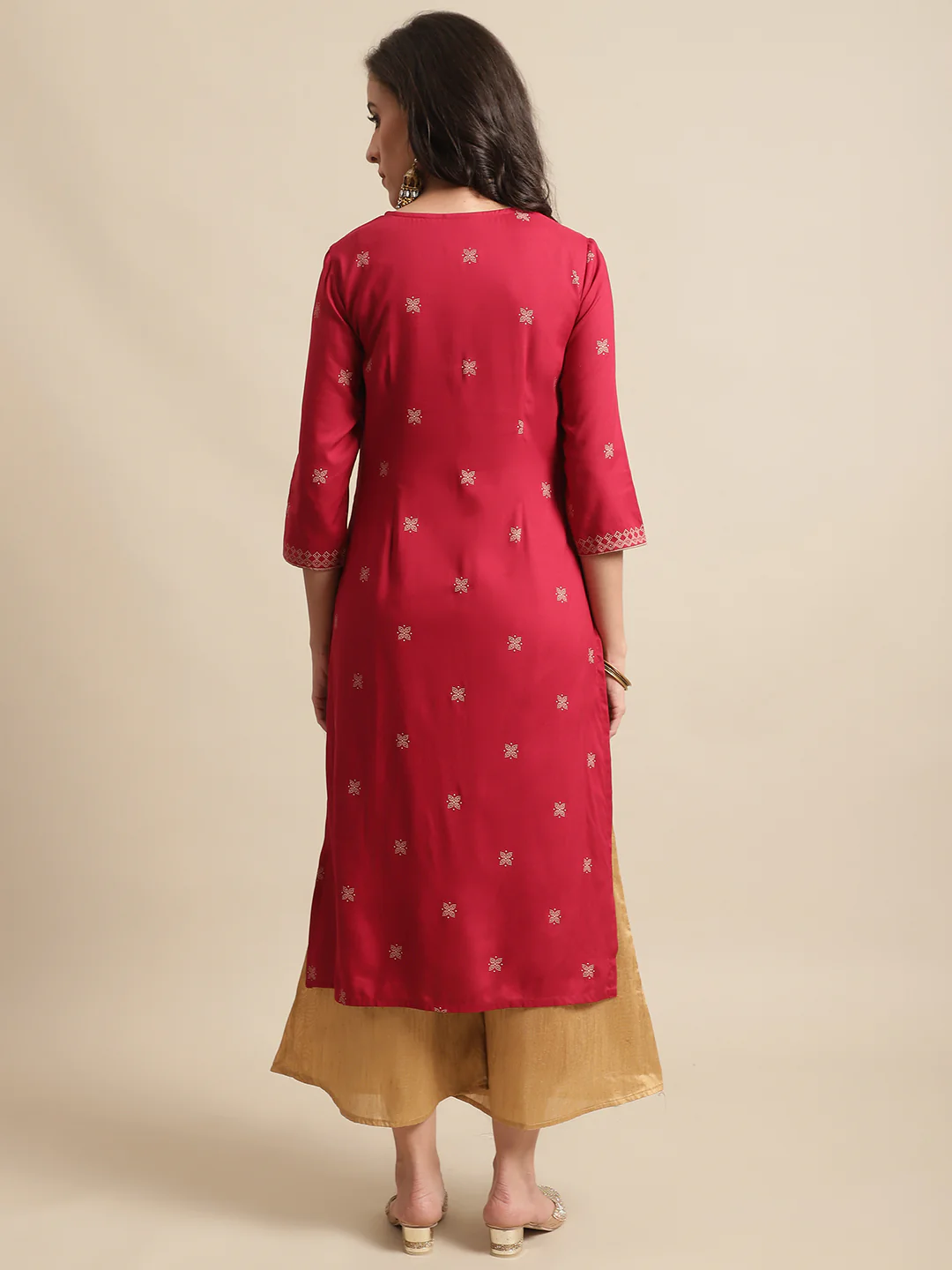 Women's Casual Round Neck Red Printed Calf Length Kurti - Image 2
