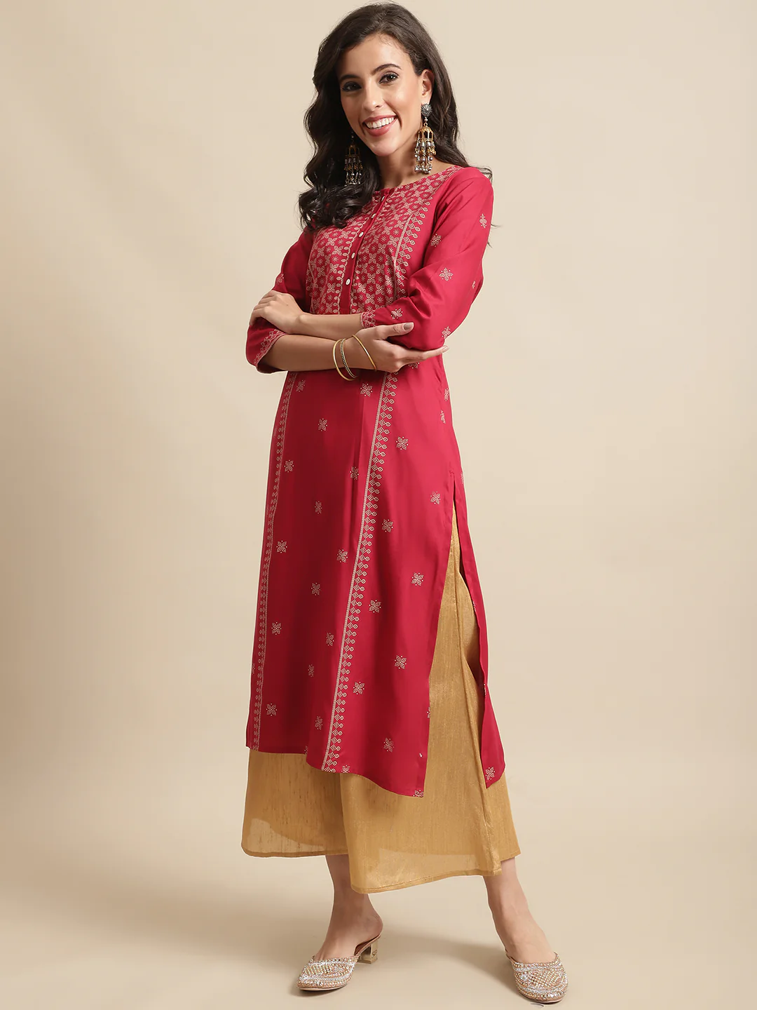 Women's Casual Round Neck Red Printed Calf Length Kurti - Image 3