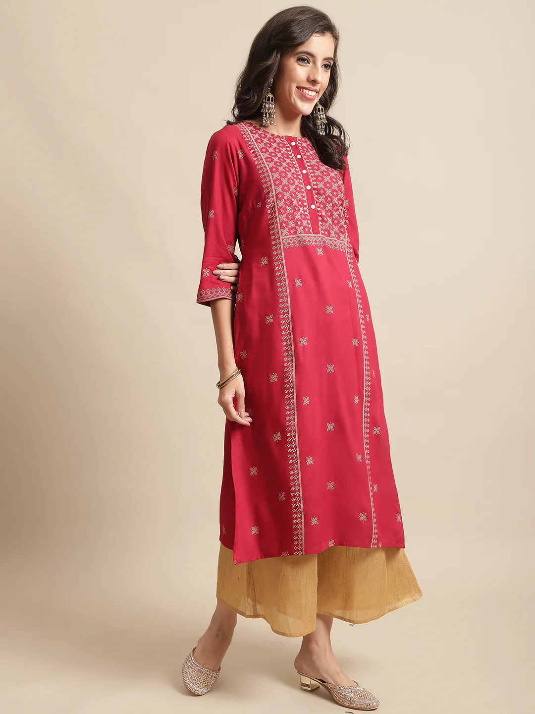Women's Casual Round Neck Red Printed Calf Length Kurti - Image 4